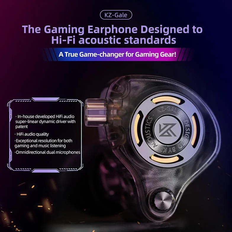 Linsoul KZ Gale Monitory douszne, superliniowy dynamiczny sterownik IEM, ultra-responsywne przewodowe słuchawki douszne do gier Hi-Fi z odłączanym posrebrzanym kablem 2-pinowym (z mikrofonem, czarne)