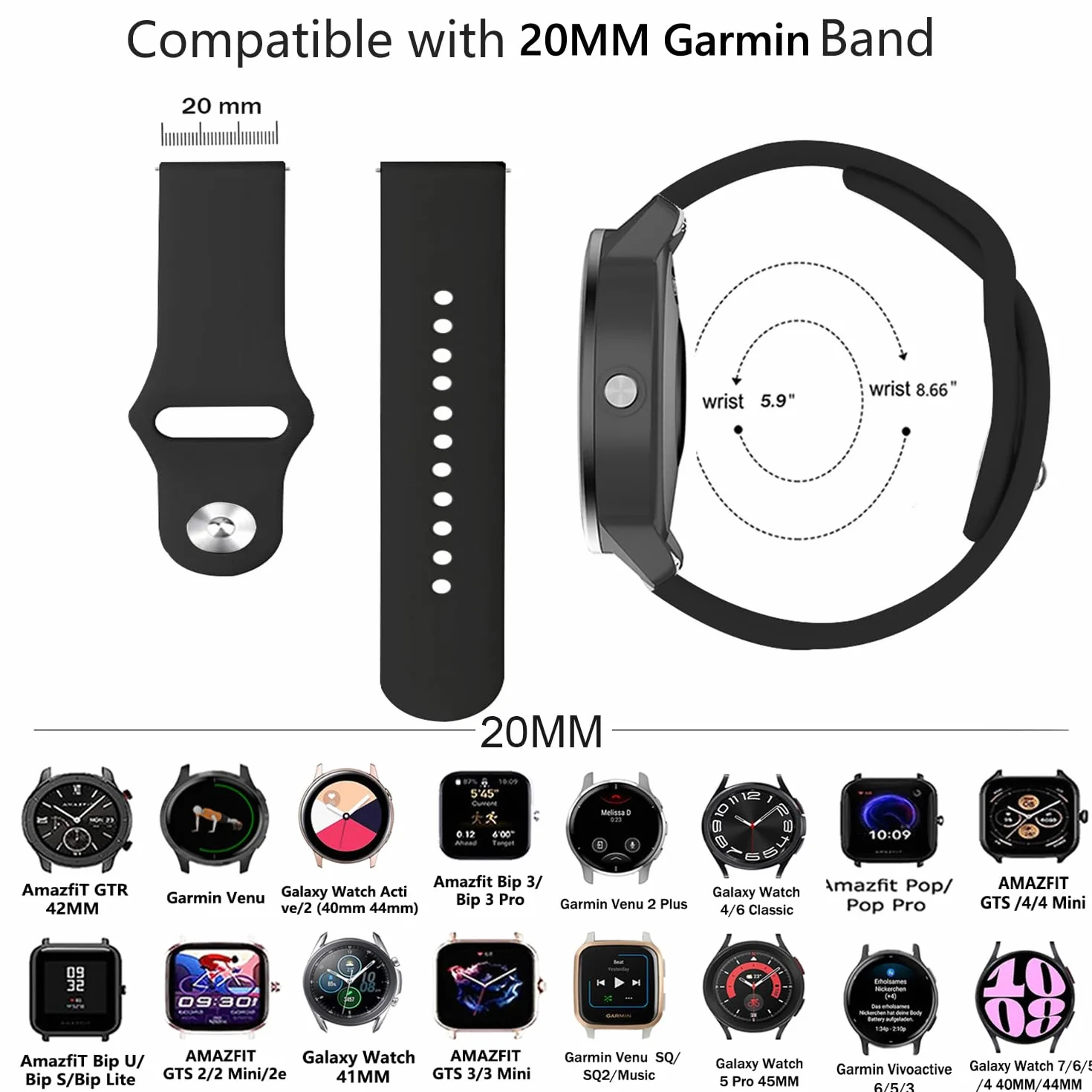Issinlky Pasek sportowy Soft Silicone do Garmin Venu Sq/Music/Sq 2/Music, 20mm do Garmin Venu 2 Plus/Vivoactive 6/5/3/Vivomove HR/Forerunner 55 245 645