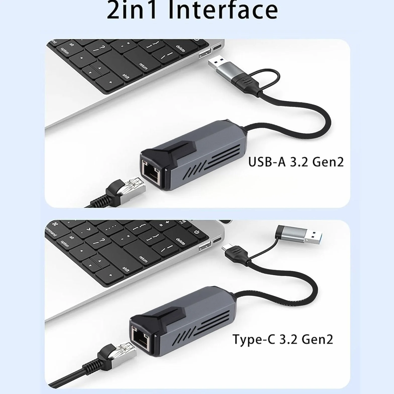 Adapter Ethernet 5G Usb3.0, 5000 Mb/s 2 w 1 USB A Typu C na RJ45 Obudowa ze Stopu Aluminium Rozpraszanie Ciepła Kompatybilny z Adapterem USB na Ethernet 10–2500 Mb/s do