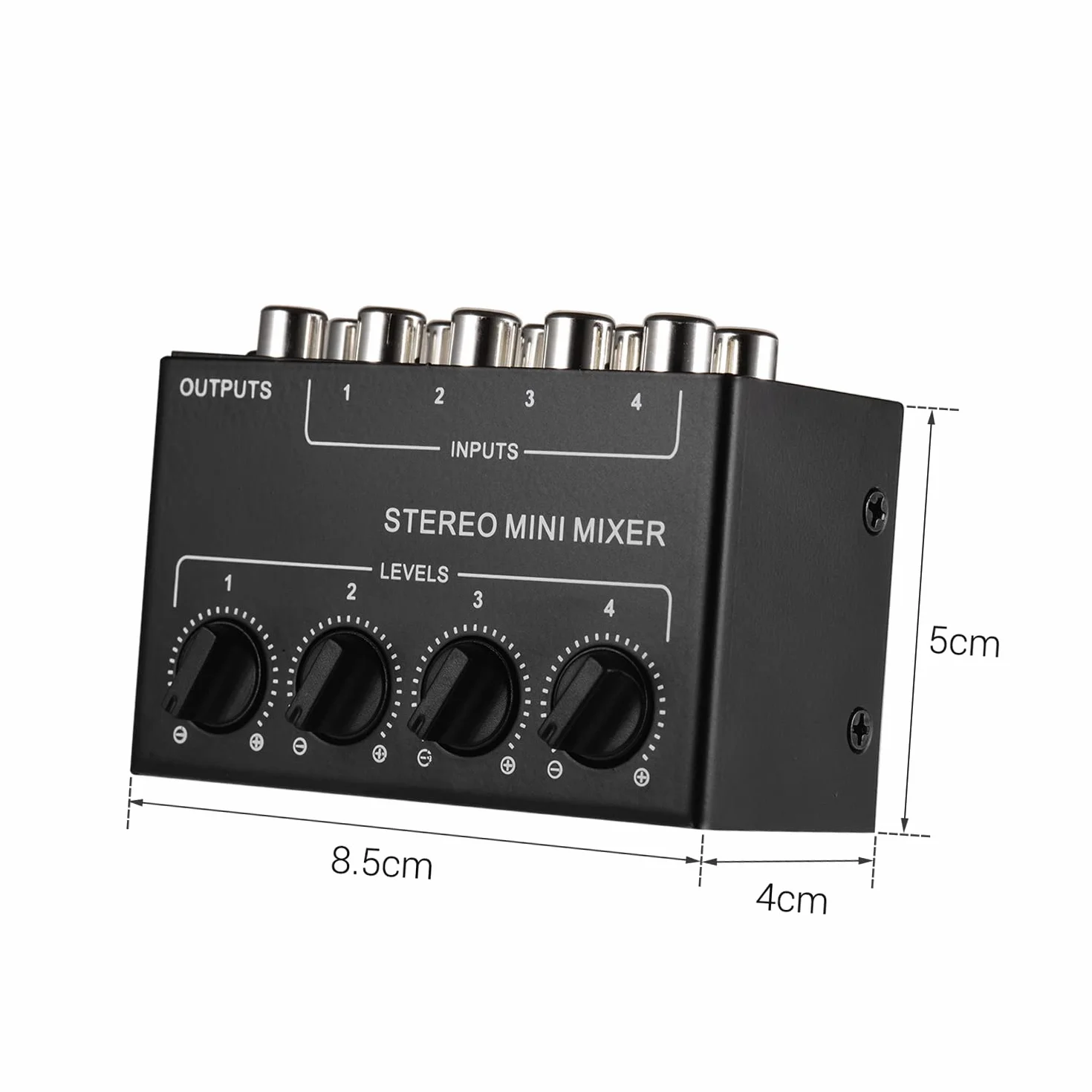 Mikser dźwięku mini stereo z 4-kanałowymi wejściami cinch, oddzielny regulator głośności, Full Metal Shell