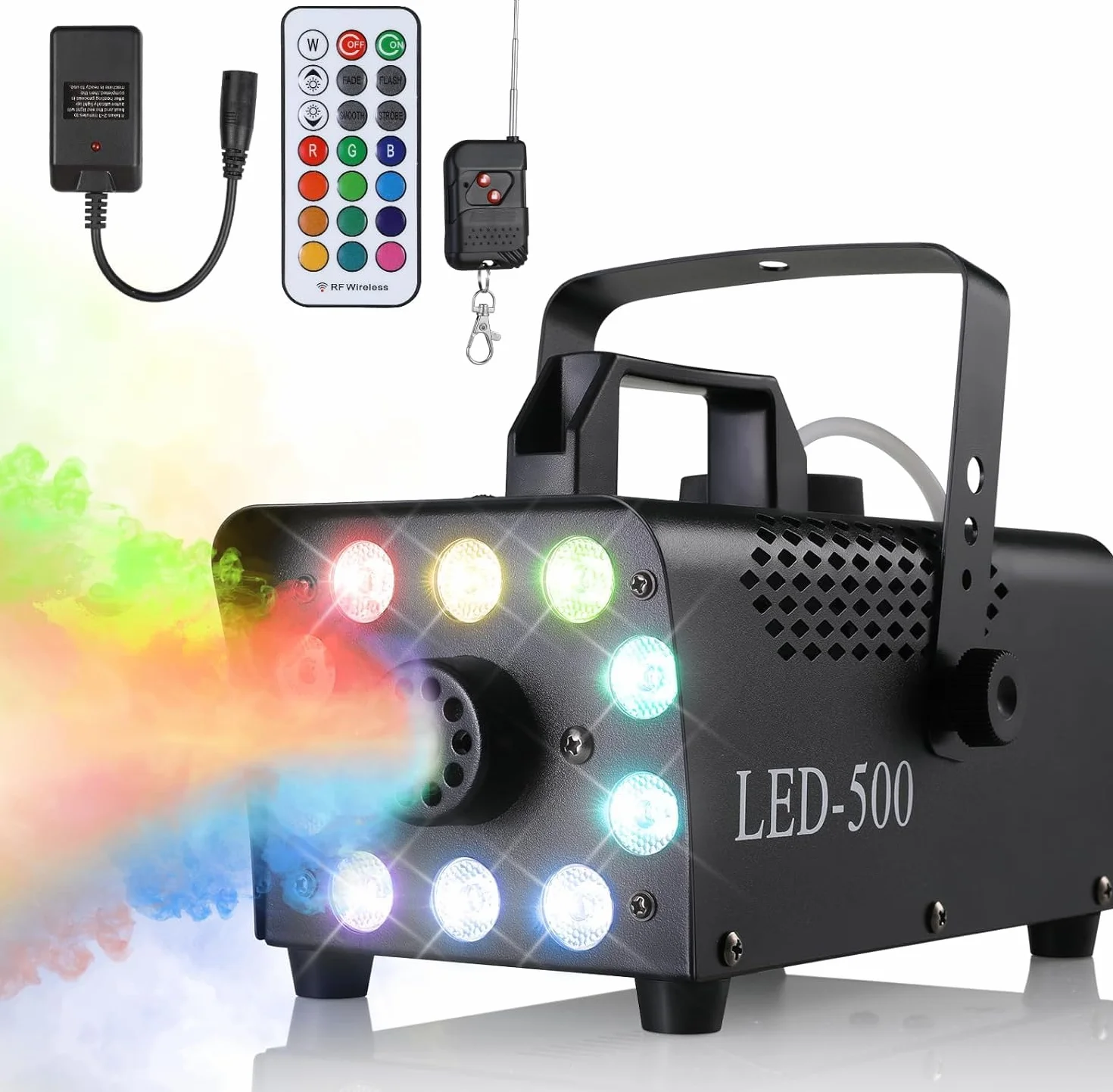 Mini Wytwornica Mgły 500 W, Maszyna do Dymu, z 2 Bezprzewodowymi i 1 Przewodowym Pilotem Zdalnego Sterowania, Maszyna do Palenia w 13 Kolorach, 10 Diod LED RGB, na Halloween, Boże Narodzenie, Imprezy