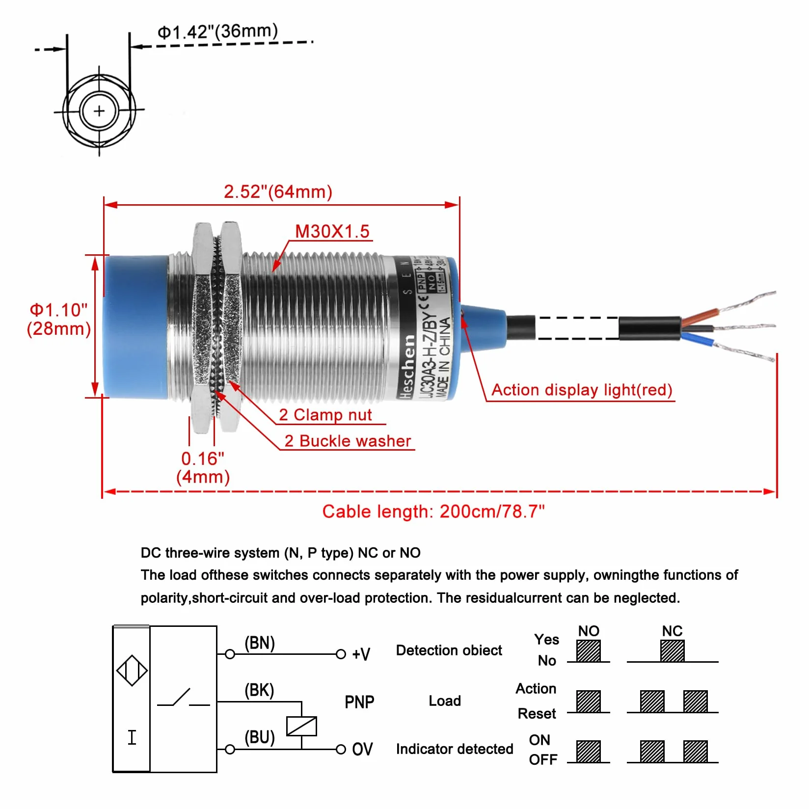 Heschen pojemnościowy przełącznik czujnika zbliżeniowego LJC30A3-H-Z/BY detektor 1-15 mm 6-36 VDC 300 mA PNP normalnie otwarty (NO) 3-przewodowy