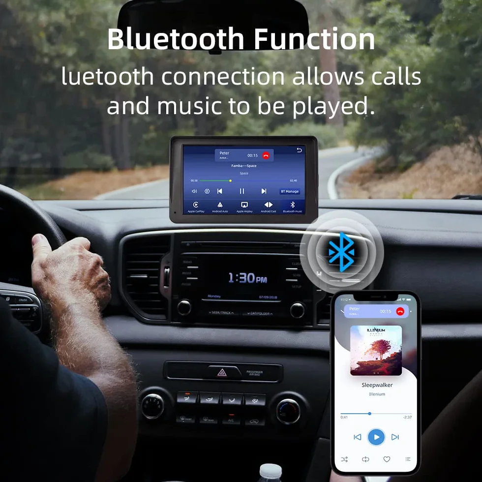 Bezprzewodowy CarPlay i Android Auto, 7-calowy Wyświetlacz Carplay z Kamerą Przednią 2K, Kamera Cofania 1080P, Bluetooth, Mirror Link, FM, AUX, Karta TF