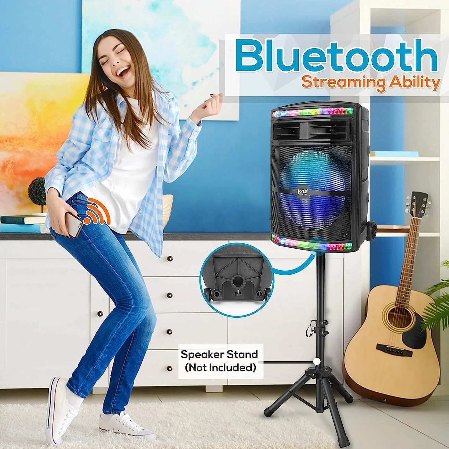Pyle Przenośny system głośników Bluetooth PA – głośnik Bluetooth 600 W, przenośny system PA z akumulatorem 1/4" mikrofon, oświetlenie imprezowe, czytnik kart MP3/USB SD, kółka do toczenia