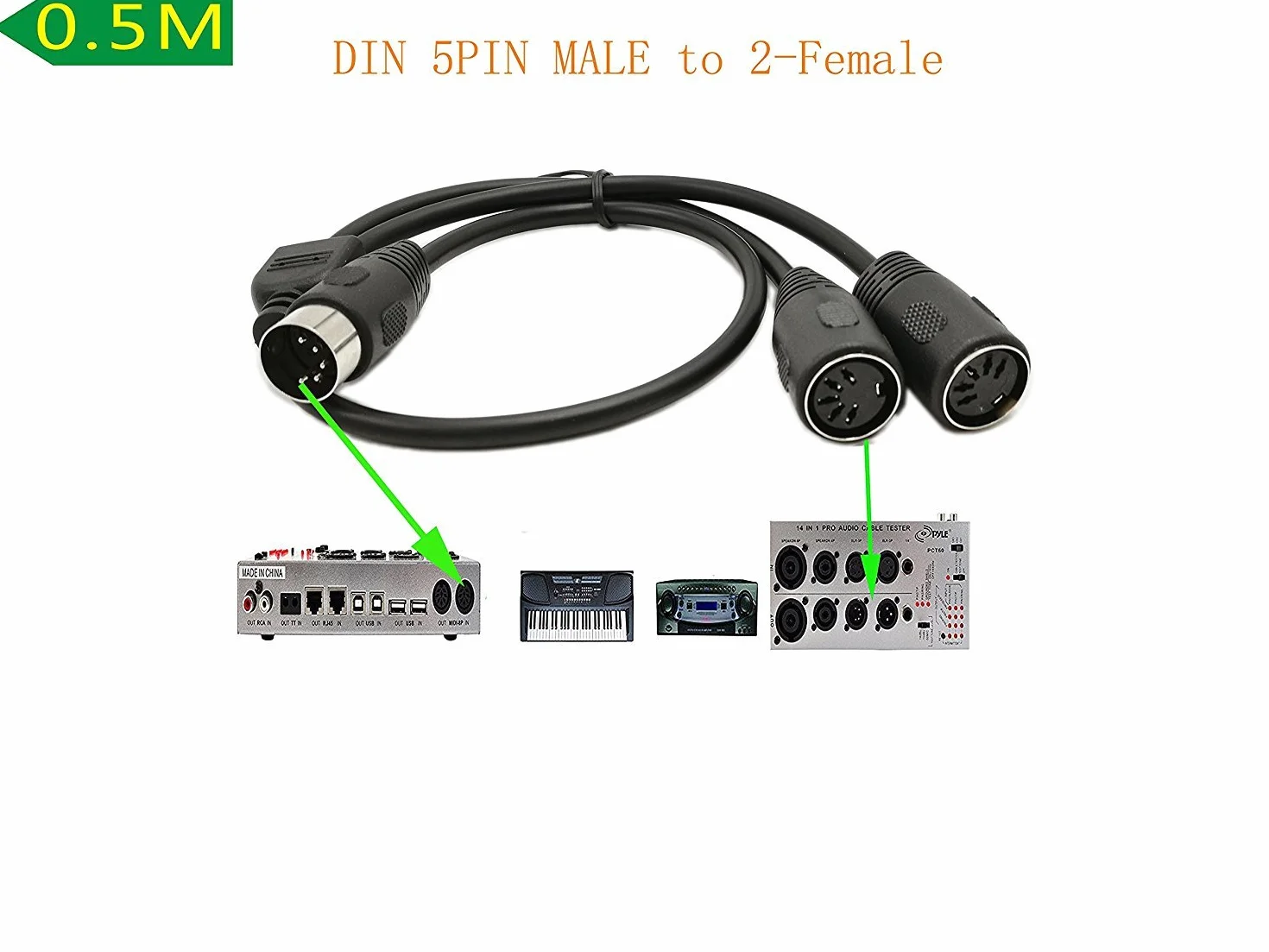 Sinloon Midi DIN 5-pinowy kabel adapter Y rozgałęźnik, Midi 5-pinowy męski na podwójny 2 x DIN-5 żeński przedłużacz kabla audio, klawiatura MIDI, organ, fortepian (D5p M-2 F, 0,5 meter)