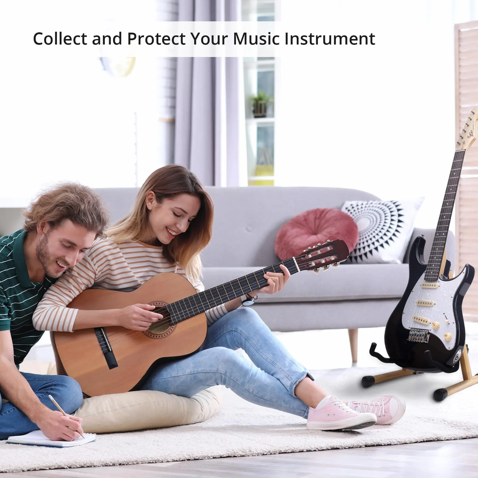 MUSO Stojak na gitarę, składany w kształcie litery A, łatwy montaż i przenośny, do basu, ukulele, banjo, wiolonczeli, mandoliny, solidny uchwyt, trwały (palisander)