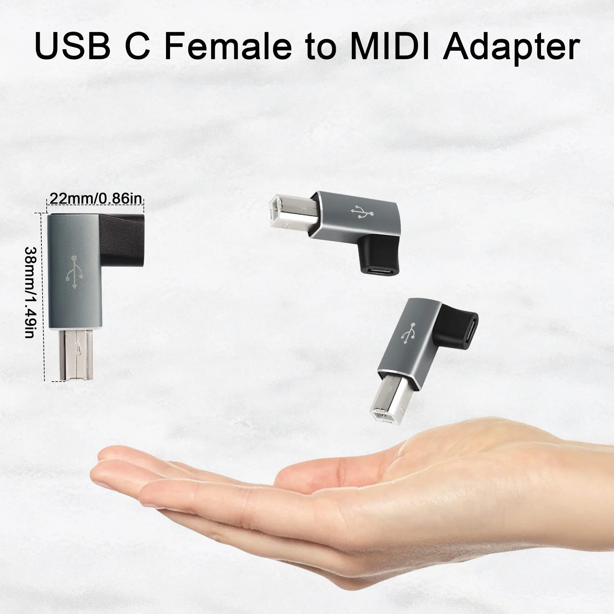 QIANRENON Kąt 90° konwerter adaptera USB C na MIDI żeński do USB B dla drukarki, MIDI pianino elektryczne, perkusja elektroniczna, 2 szt., szary