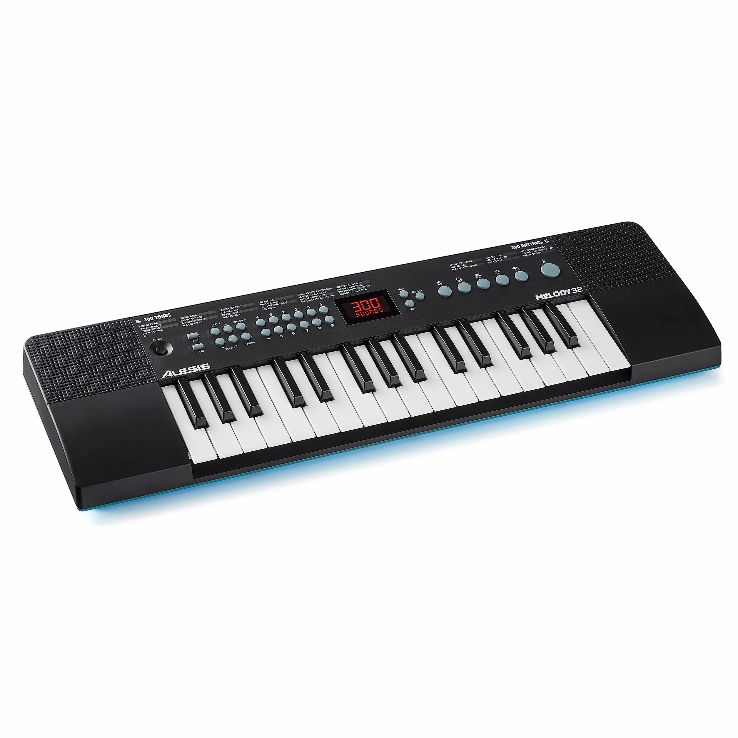 Alesis Melody 32 - Przenośne 32-Klawiszowe Minipianino Cyfrowe/Keyboard z Wbudowanymi Głośnikami, 300 Brzmień, 40 Utworów Demo, Łączność USB-MIDI