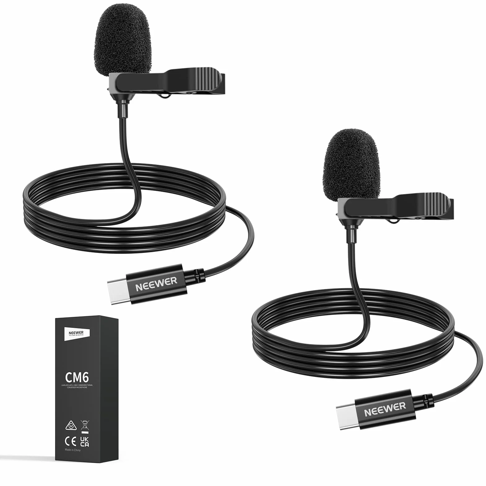 NEEWER 2 szt. Mini USB C Mikrofon Lavalier kompatybilny z iPhone 16 15 Pro Max Android, wielokierunkowy pojemnościowy z klipsem do klapy kabel 2 m