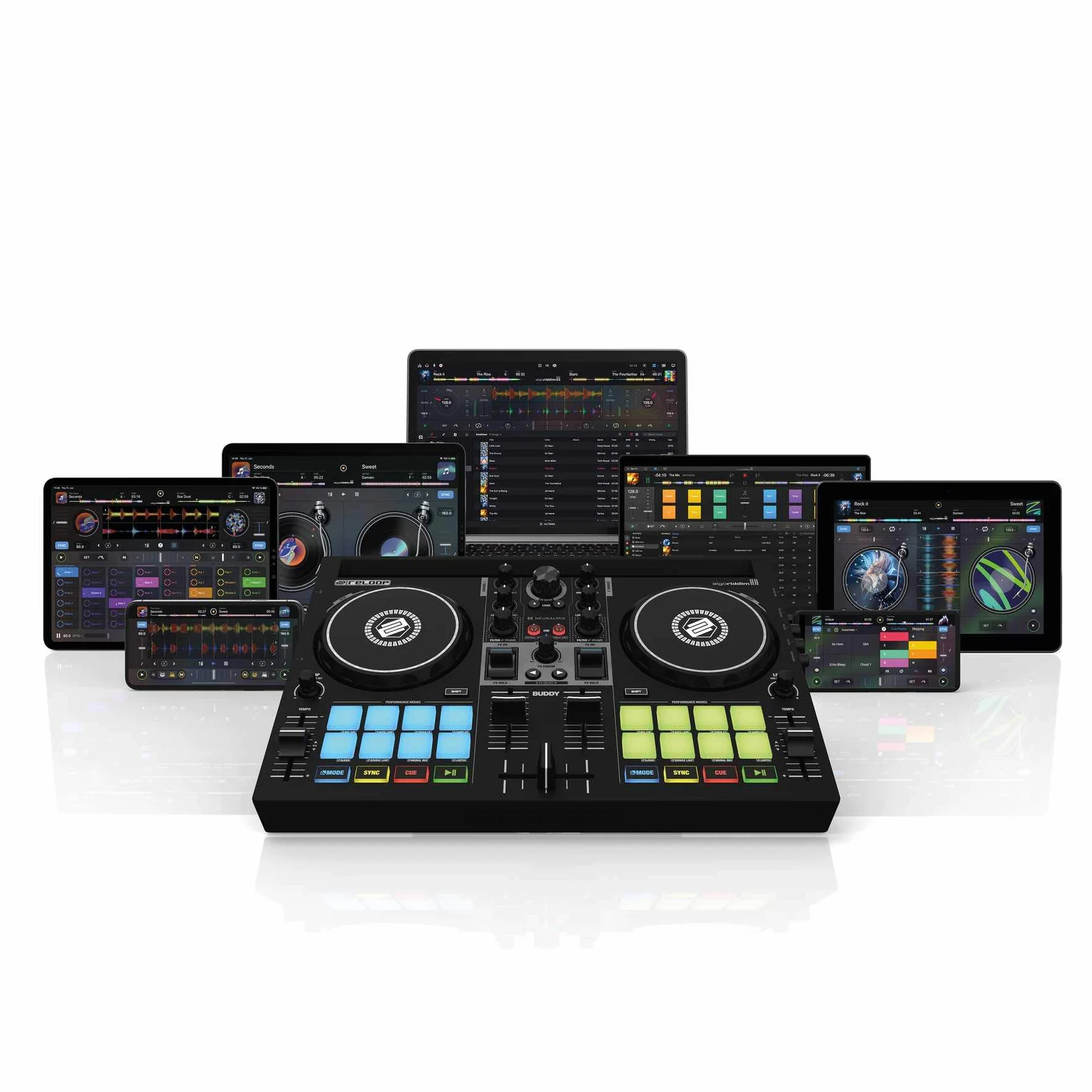 Reloop Buddy Compact 2-kanałowy kontroler DJ-ski dla Algoriddim DJay na iOS, PadOS, Android, Mac i PC z padami wydajności RGB, paddles FX i kontrolą Neural Mix