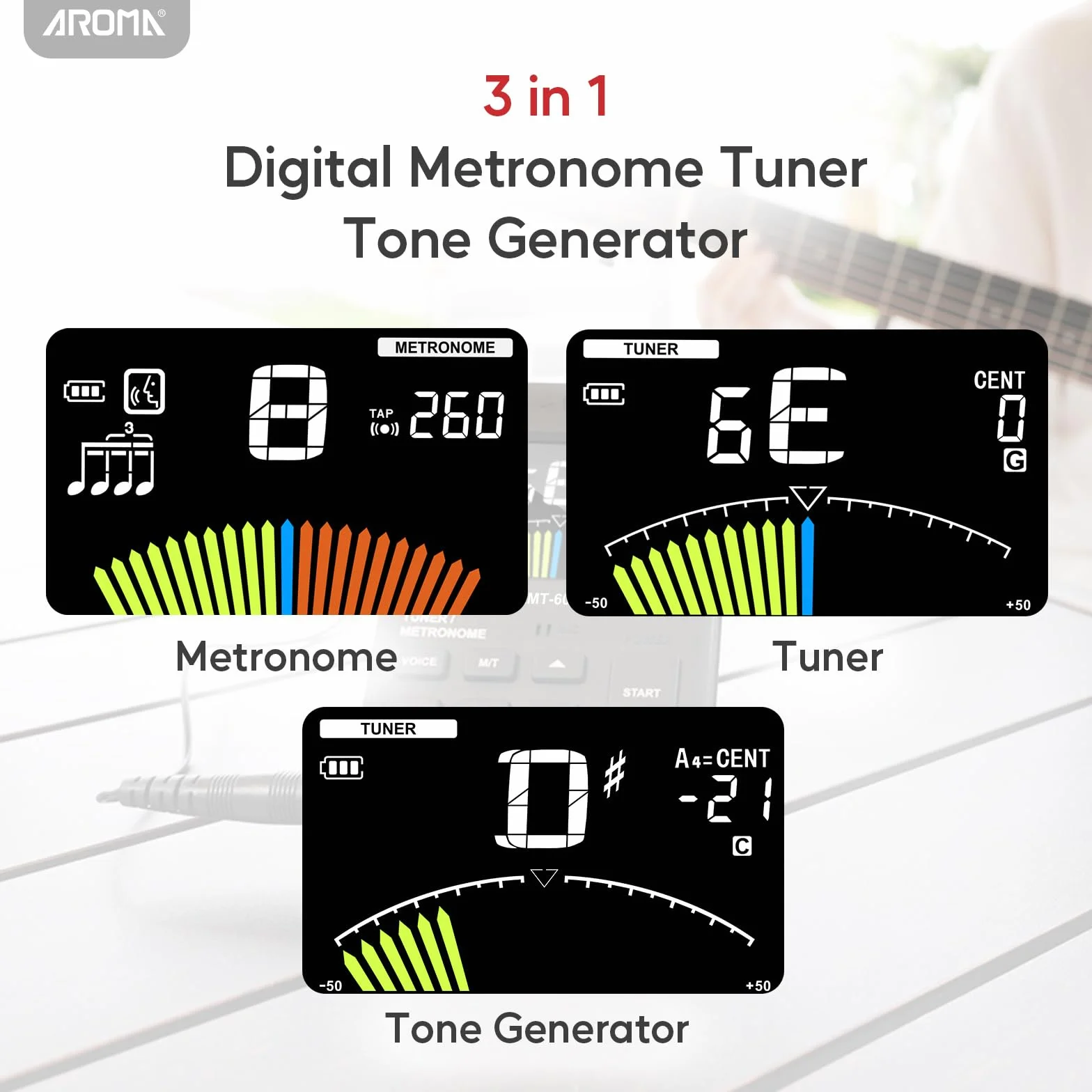 Aroma Cyfrowy Metronom Stroik 3 w 1 z Funkcją Ładowania Zliczanie Wokalne, Szybkie i Dokładne Strojenie, Generator Tonów, Tuner do Gitary, Pianina, Saksofonu i Wszystkich Instrumentów