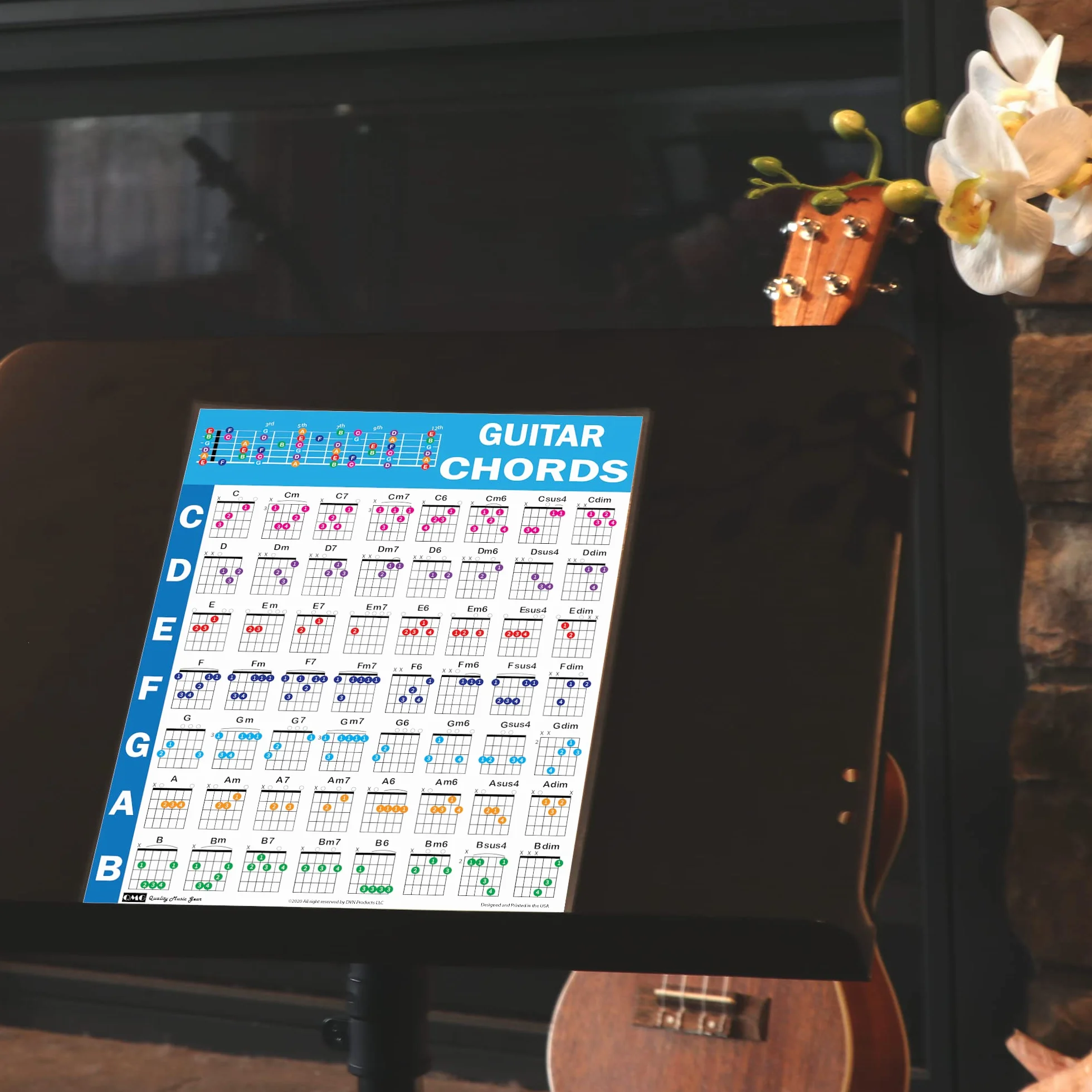QMG Ściągawka z akordami gitarowymi – laminowana tablica teorii muzyki A4 z kołem piątych dla początkujących