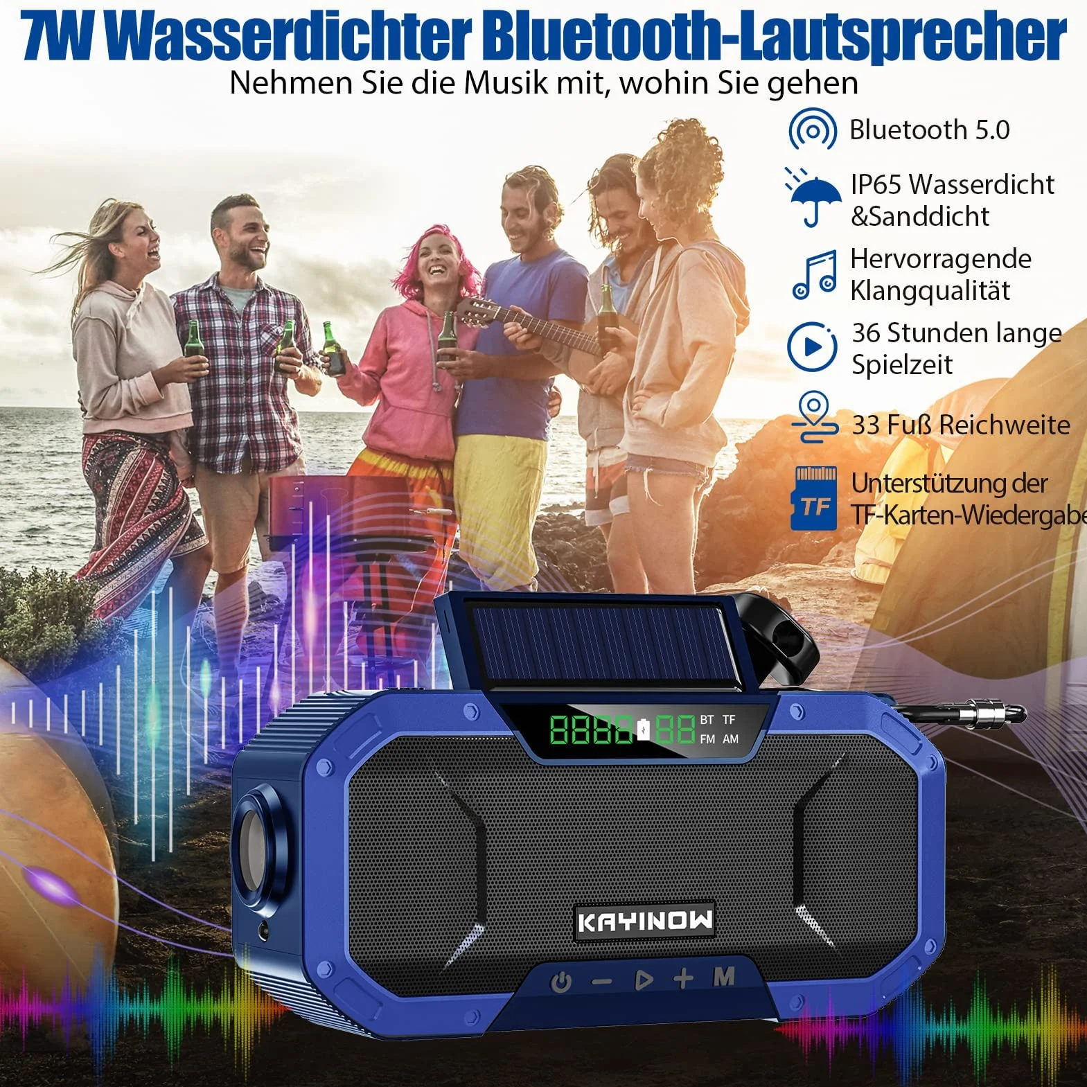 KAYINOW Dynamo Solar Survival Radio - Głośnik Bluetooth, wodoodporne przenośne radio AM FM, 5000 mAh, akumulator, korba akumulatorowa, wielofunkcyjne radio awaryjne, kemping, SOS, latarka