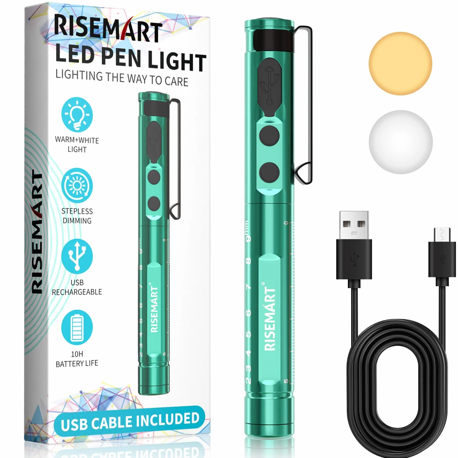 Lampa diagnostyczna, medyczna lampa źrenicy LED, z kablem USB, ciepła / zimna biel i bezstopniowe ściemnianie, przenośna, aluminiowa, medyczna lampa źrenicy z klipsem (Mars Green)