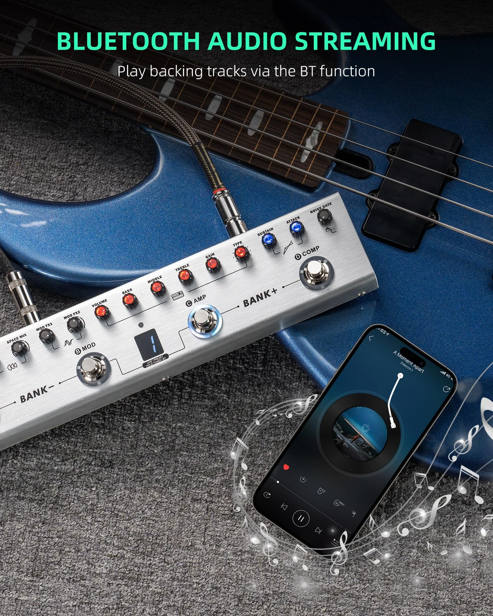 Bass Multi Effects, LEKATO Bass Effect z 36 edytowalnymi ustawieniami, kompresorem, przestrzenią, MOD, reverb, funkcją ładowania na podczerwień, nagrywanie, tuner, wbudowana bateria, połączenie