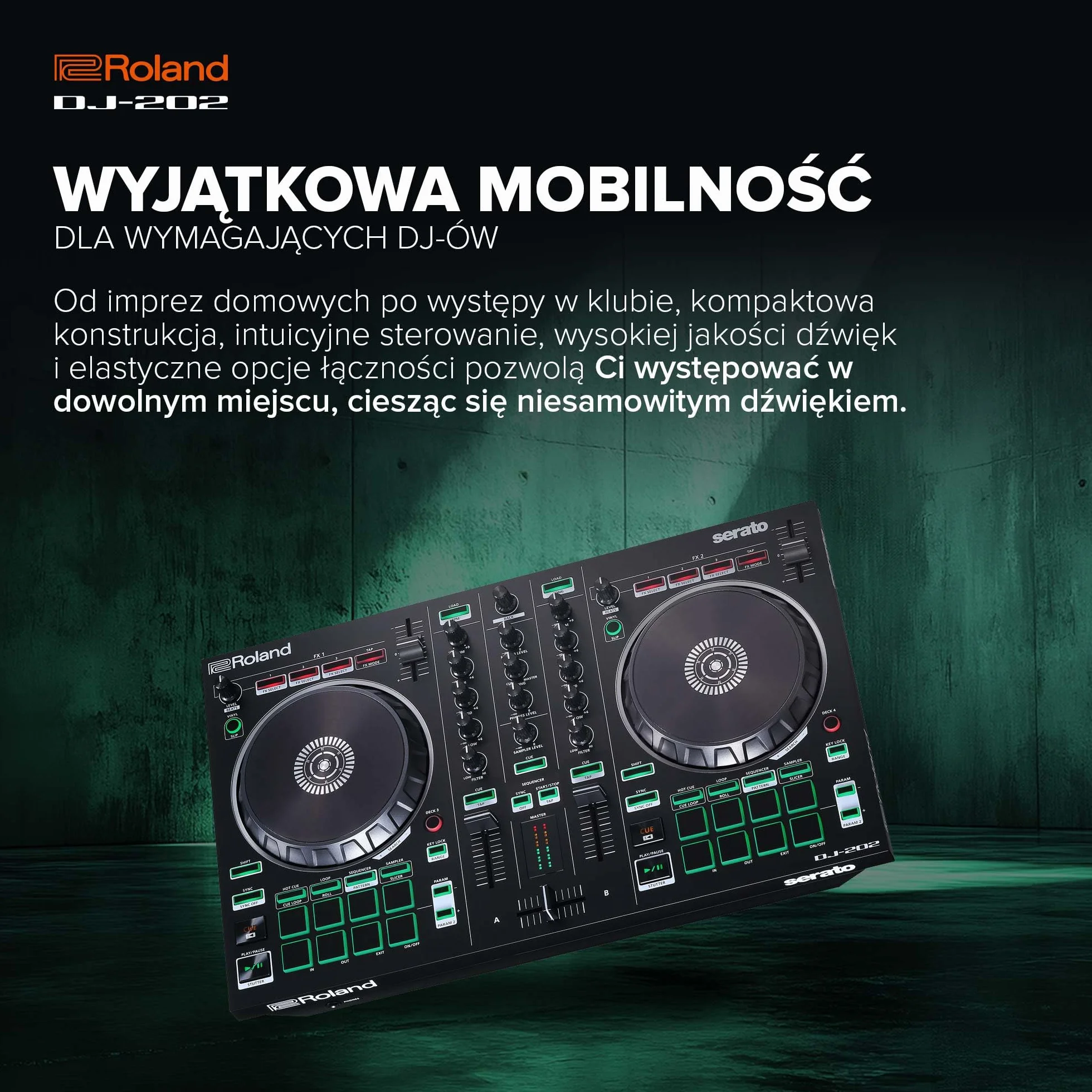 Roland DJ-202 Kompaktowy Kontroler DJ 2-Kanałowy 4-Seckowy do Serato DJ Lite Duże Talerze Niskie Opóźnienie