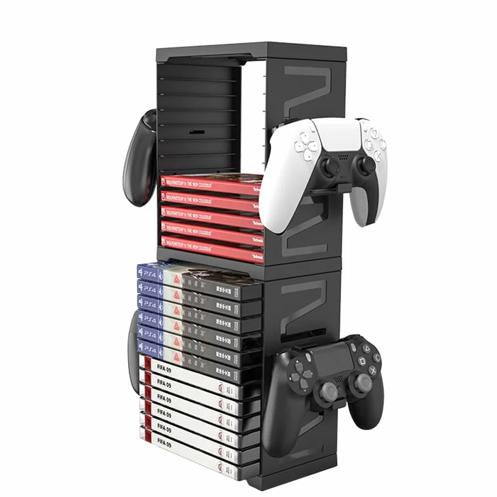 Wieża do przechowywania gier dla PS5, PS5 Przechowywanie płyt CD z grami, stojak na 24 płyty CD i 4 kontrolery dla SWITCH, Xbox Series S & X, Xbox One, PS4, PS3, Blu Rays