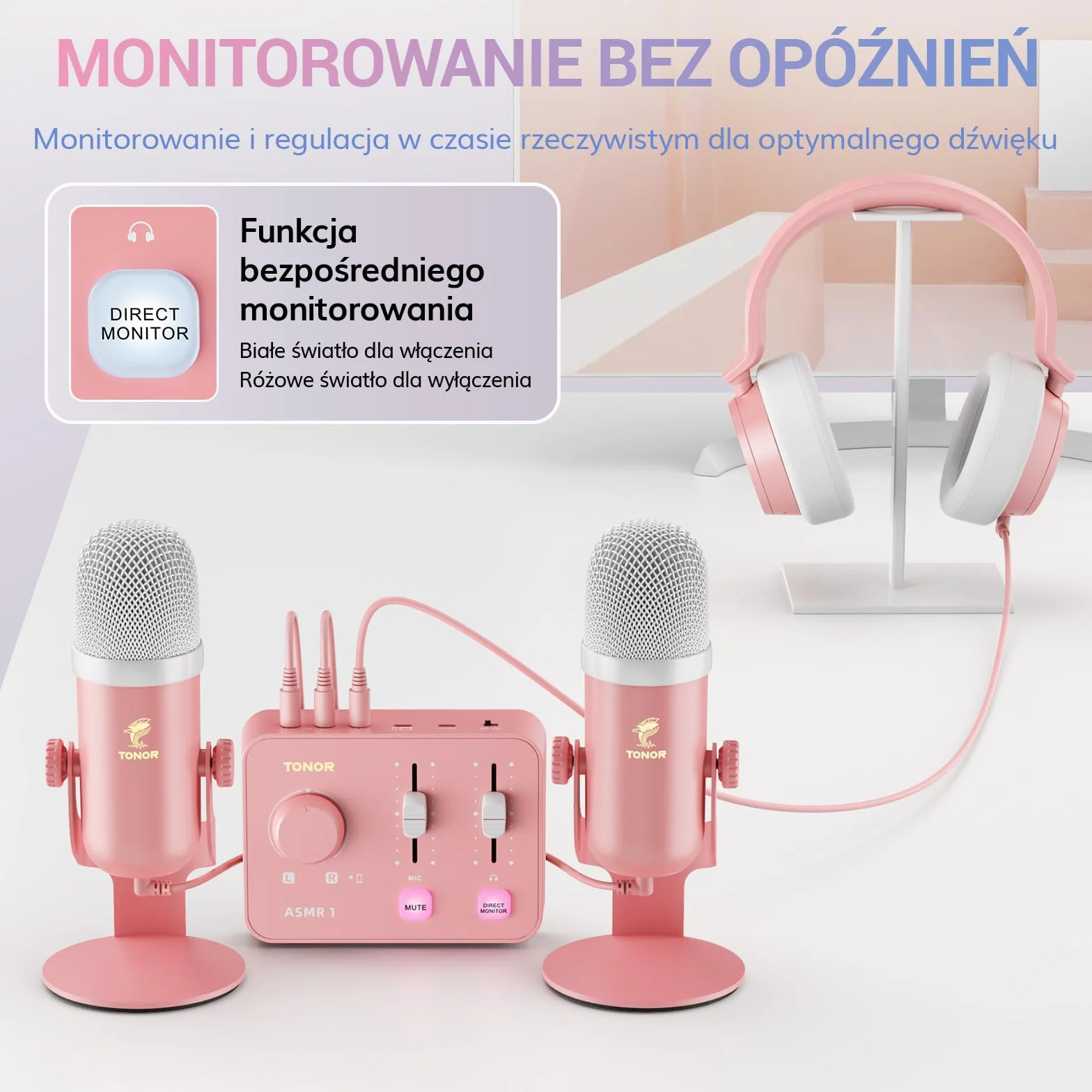 TONOR ASMR z Interfejsem Audio, Mikrofon USB z Podwójnym Kondensatorem, 192kHz, Dźwięk 3D, Czysty Dźwięk, Regulacja Głośności, Mikser, do Nagrywania i Tworzenia Treści – Różowy