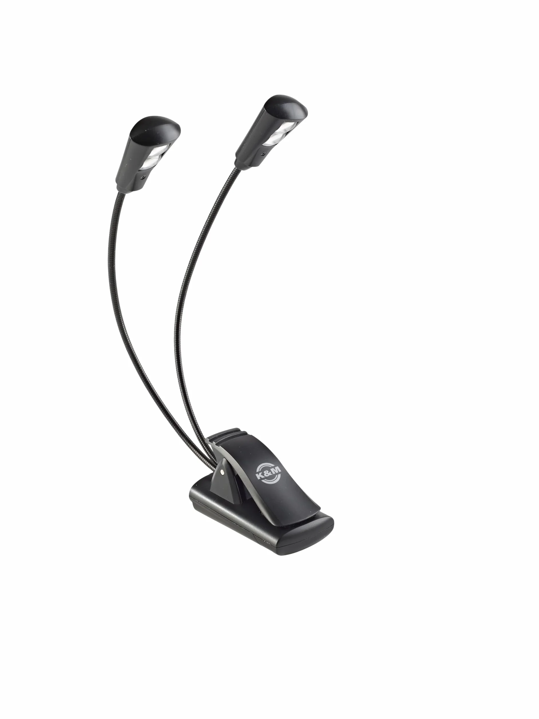K&M 12244 lampa do pulpitu nutowego Double2 LED FlexLight czarna – mocowanie za pomocą klipsa – 2 elastyczne łabędzia szyja, 2 x 1300 luksów