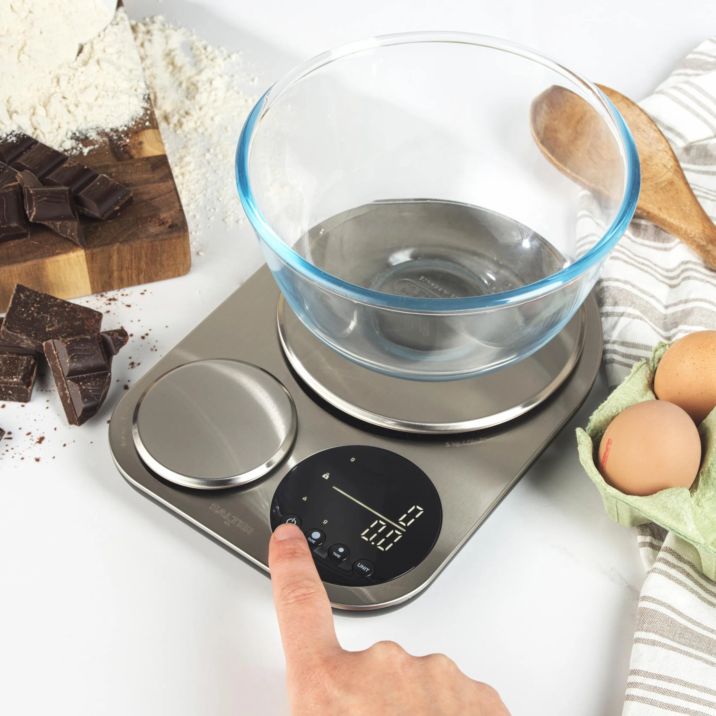 Salter Dual Platform Scale – Stal nierdzewna, Duza platforma 5kg, Mala platforma precyzyjna 500g, Funkcja tarowania, Pomiar cieczy, Cyfrowy wyswietlacz LED