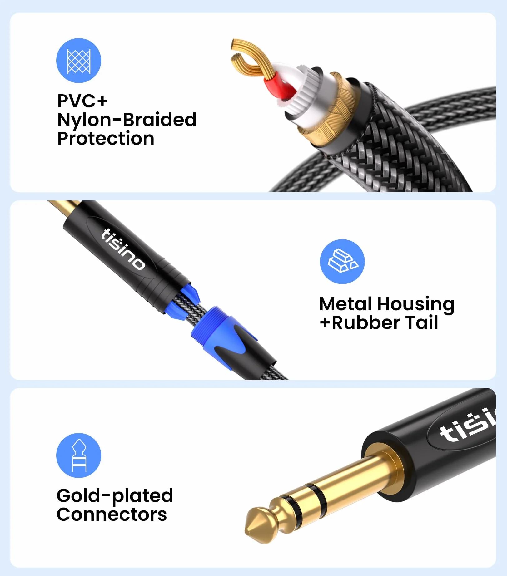 Tisino Kabel TRS 6,35 mm męski na męski, zbalansowany kabel audio jack 1/4 cala, nylonowy oplot, pozłacane złącza, do monitorów studyjnych, miksera, wzmacniacza, gitary, basu i keyboardu-2m