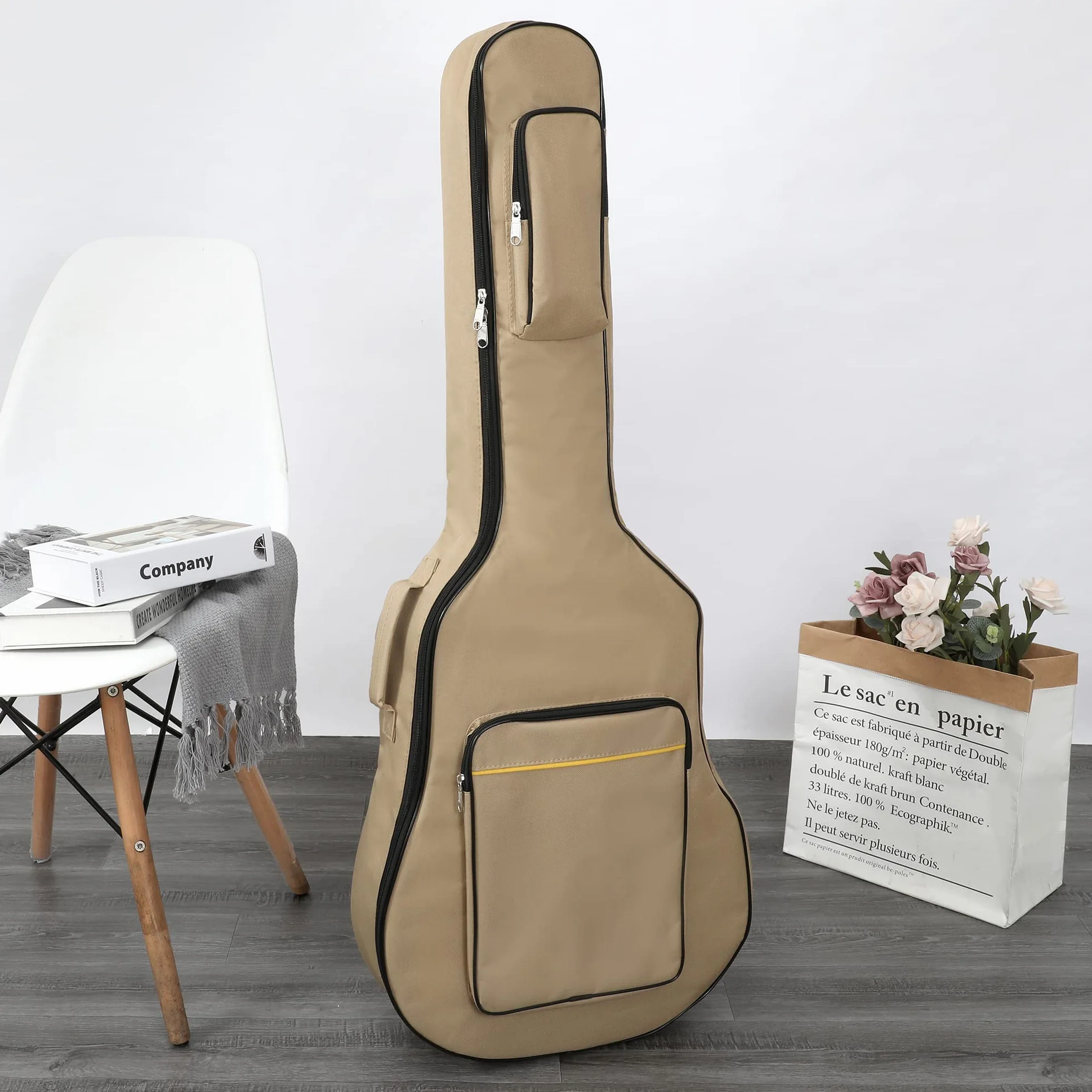 TRIXES Torba na gitarę z ramiączkami, wodoodporna, wyściełana obudowa, basowa, akustyczna i klasyczna torba na gitarę, idealna do podróży, Beżowy, Klasyczny