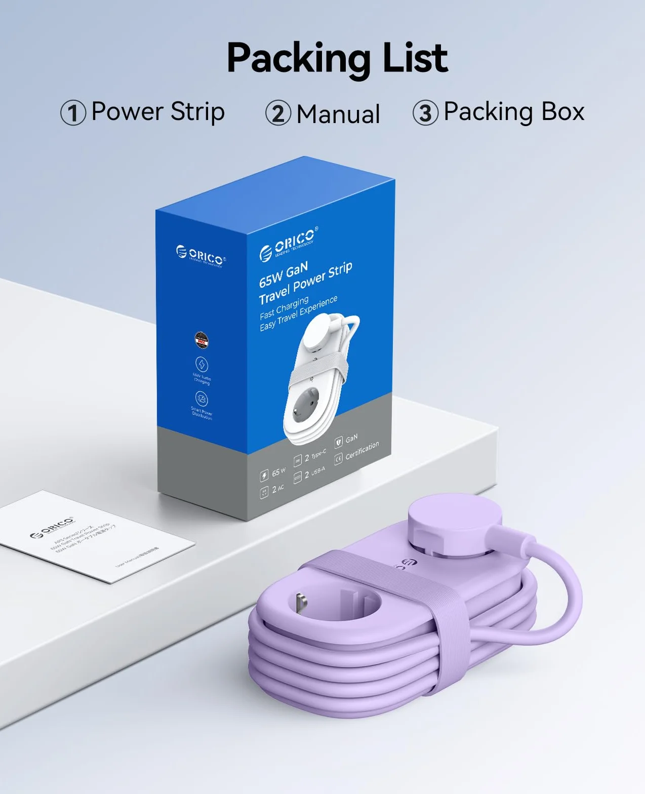 ORICO GaN listwa zasilająca 65 W z USB C, 6 w 1, listwa zasilająca do szybkiego ładowania z 4 USB, przedłużacz o długości 1,6 m, do MacBooka, iPada, telefonu komórkowego, podróży – AP3, fioletowy