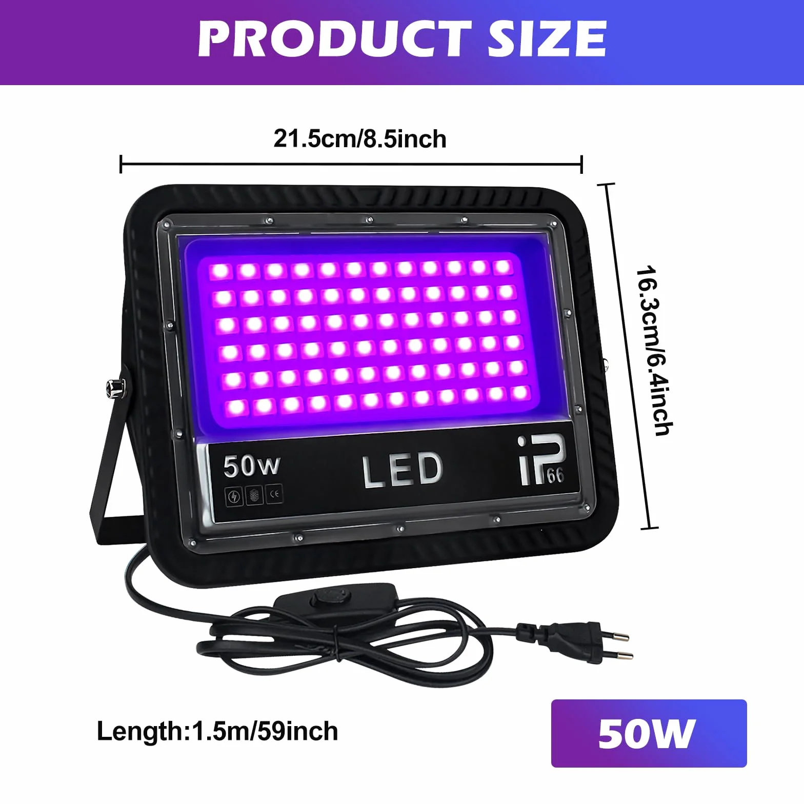 2 sztuki reflektorów UV LED z czarnym światłem 50 W, reflektor LED UV, wodoszczelny, czarne światło, światło UV z przełącznikiem, nadaje się na imprezy, oświetlenie sceniczne, malowanie ciała, wystawy