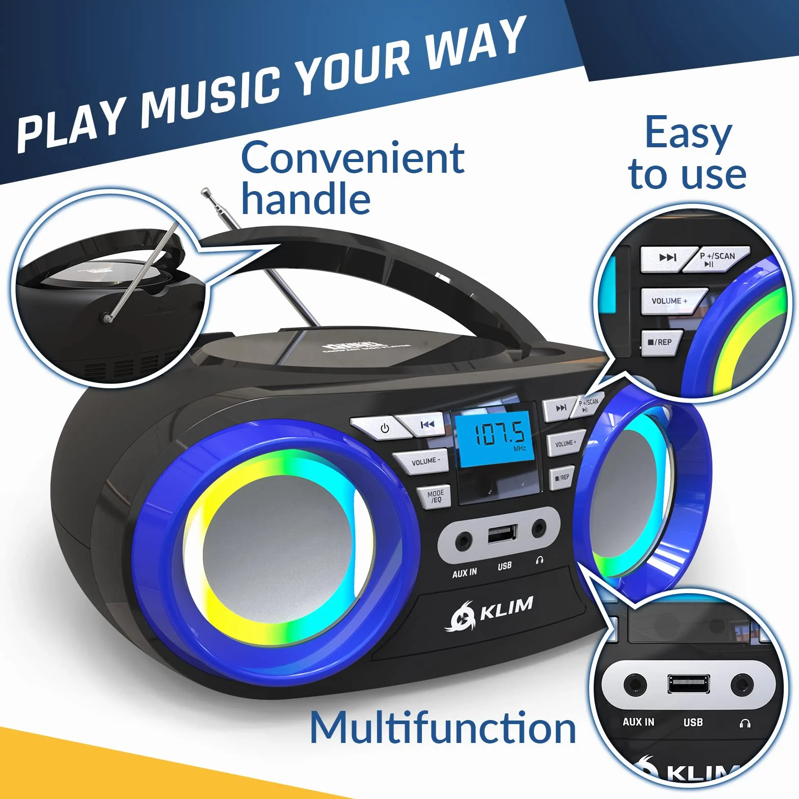 KLIM Boombox B3 przenośny odtwarzacz CD – Nowość 2024 – radio FM, CD, Bluetooth, USB, MP3, Boombox CD, tryb przewodowy i bezprzewodowy z bateriami do ładowania, obiektyw laserowy, przenośny odtwarzacz