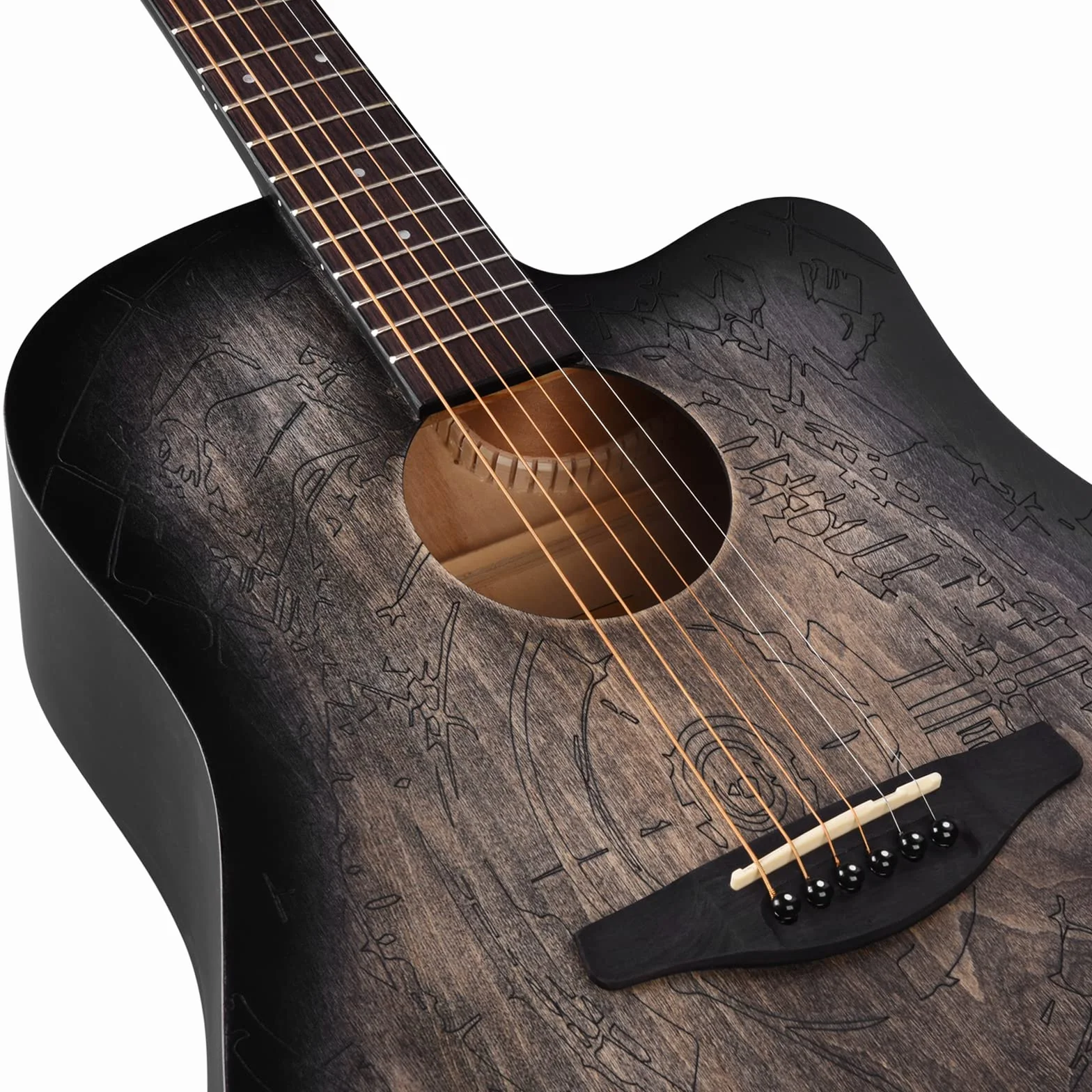 Winzz Gitara akustyczna 4/4 dla początkujących, Country and Folk Guitar 41 cali (Vintage Grawerowanie) Czarna