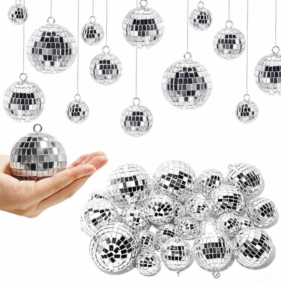 30 sztuk kul lustrzanych disco, zestaw kul dyskotekowych, srebrne wiszące kule, małe mini kule lustrzane, srebrne kule lustrzane, mirrorball, dekoracyjne kule dyskotekowe, klasyczne kule
