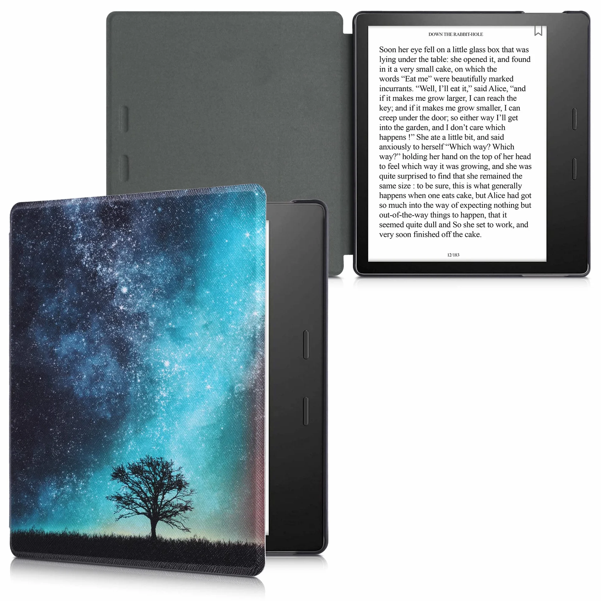kwmobile Etui z Klapką Kompatybilne z Amazon Kindle Oasis 10. Generacji - Etui na czytnik e-booków - Galaxy Tree Meadow Niebieski Szary Czarny