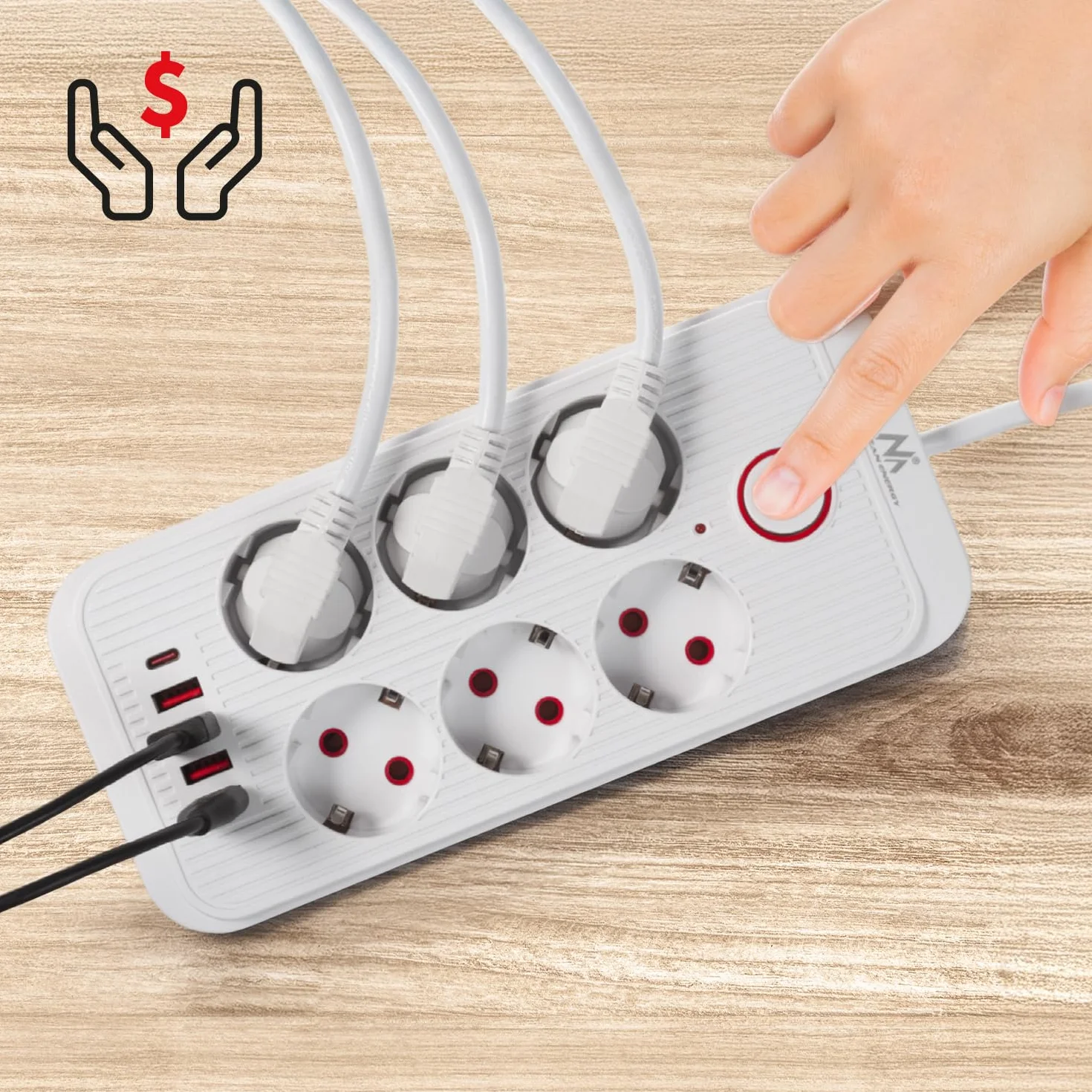 Maclean MCE389/391 Listwa zasilająca | 6 gniazdek 4xUSB 1xUSB-C 2500 W | przedłużacz biurkowy z wyłącznikiem | porty pod kątem 45° | montaż na ścianie (Biały, 6 gniazd + 4xUSB / 3m)