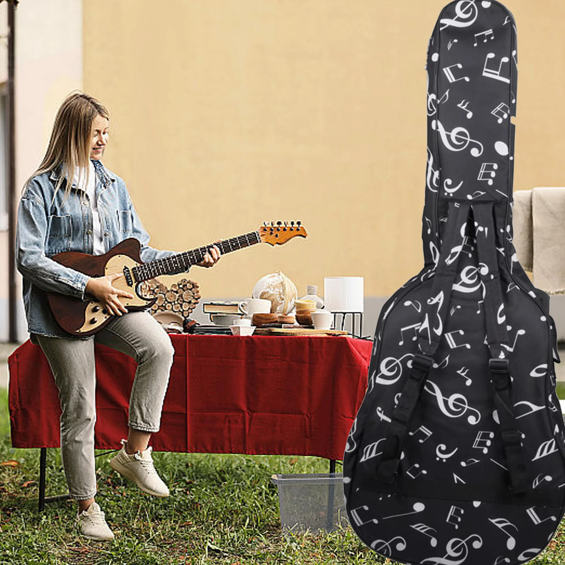 SUQ Wodoszczelna torba na gitarę Oxford, 40/41 cala, torba z wzorem muzycznym, nylonowa, torba na gitarę elektryczną, gitarę akustyczną i koncertową, odporna na uderzenia, 8 mm, wyściełana,