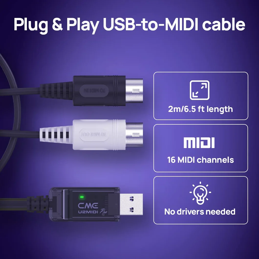 CME U2MIDI Pro – Szybki Kabel USB MIDI z Filtrem i Mapowaniem – Interfejs USB-MIDI Plug & Play do Komputera, Laptopa lub PC oraz Instrumentów MIDI