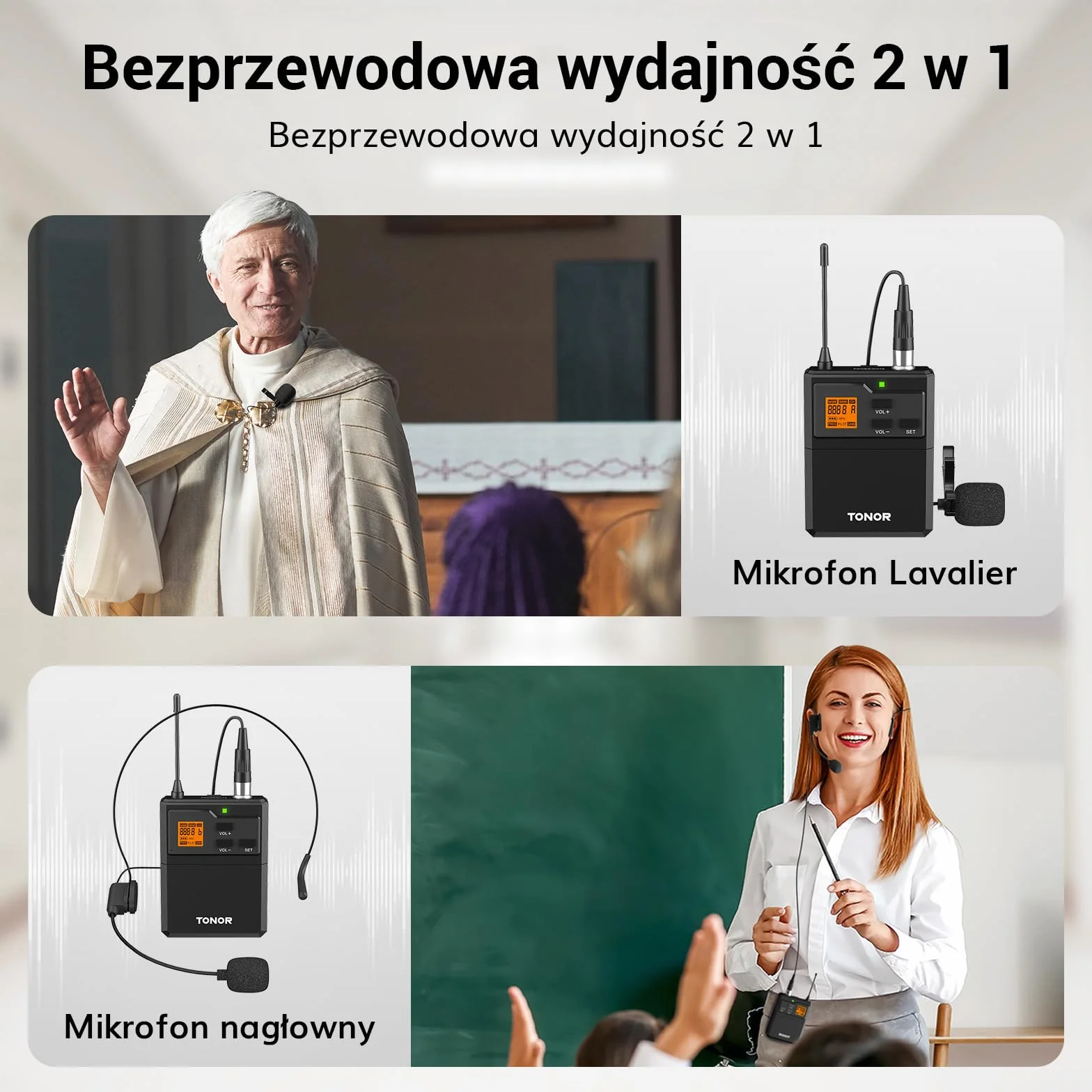 Bezprzewodowy system mikrofonowy TONOR UHF z podwójnymi mikrofonami nausznymi, nadajnikami Bodypack, odbiornikiem akumulatorowym, 4x5 kanałów, zasięg 90 m, do nagrywania mowy, głośników PA