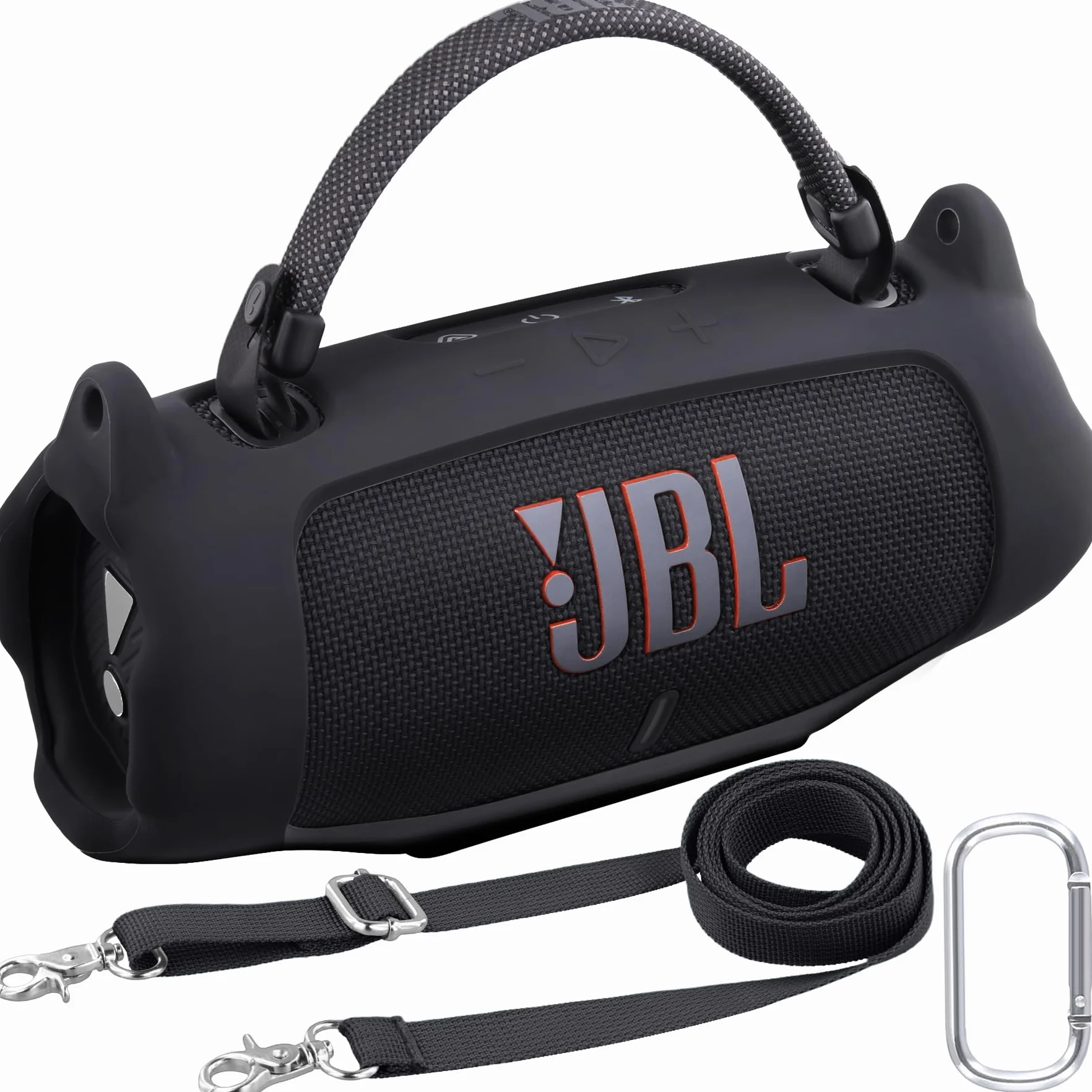 Khanka Silikonowe Etui Ochronne do JBL Charge 6 ze Zdejmowanym Paskiem na Ramię i Hakiem Użytkowym, Elastyczne Miękkie Pokrowiec do Przenośnego Głośnika Bluetooth (Czarne)