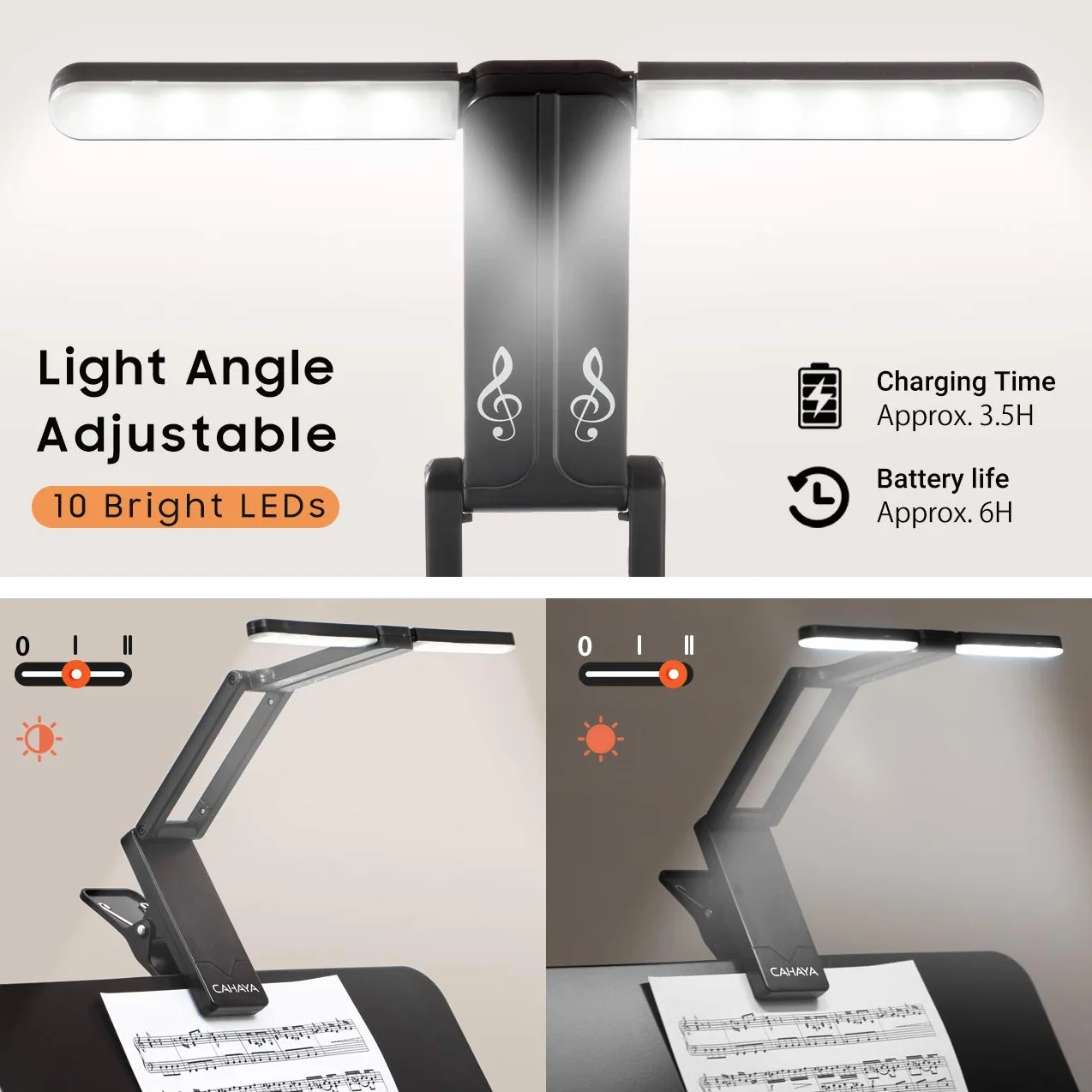 CAHAYA CY0240 LED stojak muzyczny z zaciskiem, 10 jasnych diod LED, światło do stojaka muzycznego z klipsem, ładowalna lampa LED do czytania
