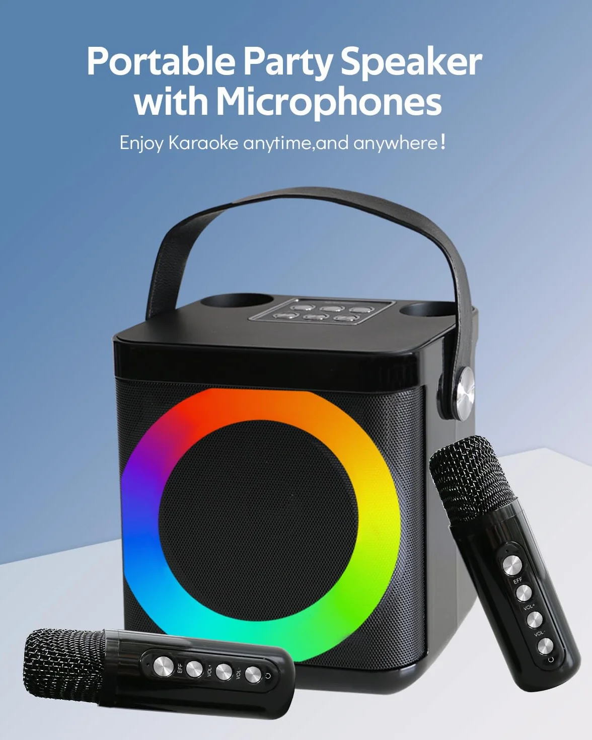 Maszyna do karaoke dla dorosłych i dzieci z 2 bezprzewodowymi mikrofonami UHF, przenośny głośnik Bluetooth, system głośników PA z lampkami imprezowymi LED, na imprezę, piknik, do samochodu, na