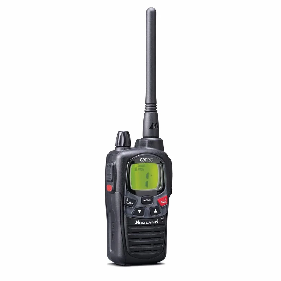Midland G9 Pro C1385, Radio Odbiorczo-Nadawcze IPX4 Wodoodporne Walkie Talkie Na Zewnątrz 34 Kanały PMR446, Akumulatory Ładowalne AA 1800 mAh, Stacja Ładowania i Uchwyt Na Pas