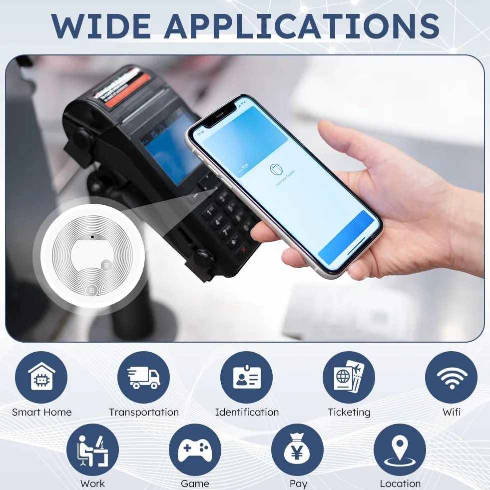 AXFEE 60 szt. znaczników NFC NTAG216, białe okrągłe naklejki NFC, średnica 25 mm, programowalne znaczniki NFC, pamięć RFID 888 bajtów, kompatybilna ze wszystkimi telefonami i urządzeniami
