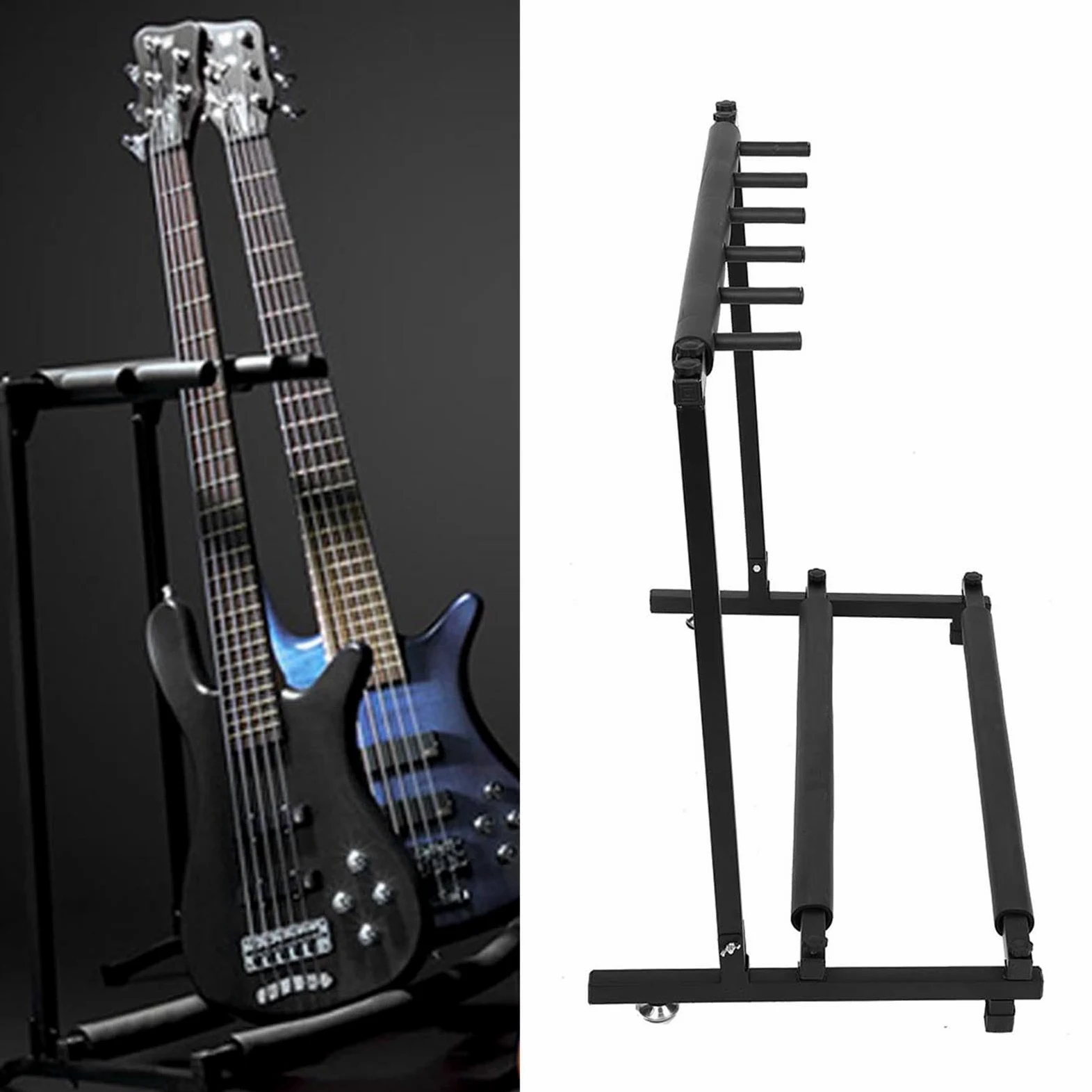 5-funkcyjny stojak na gitary, wystawiacz na gitary, metalowy stojak na 5 gitar, statyw gitarowy na gitarę akustyczną i bas akustyczny, wielofunkcyjny stojak na gitary elektryczne z gumowymi