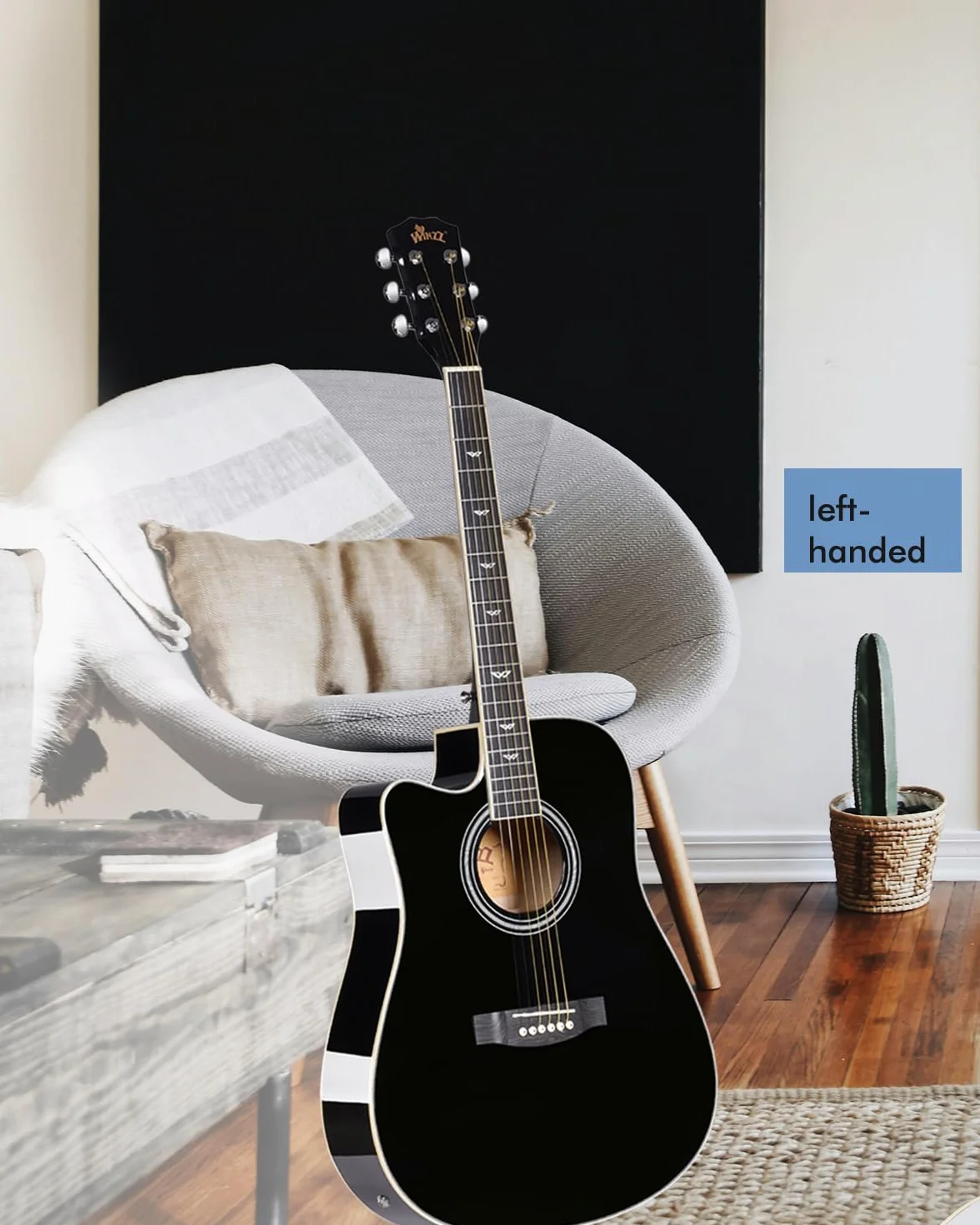 Winzz Elektryczna gitara akustyczna 4/4, dla leworęcznych, zachodnia gitara, dla dorosłych, początkujących, gitara akustyczna 100 cm z 4-pasmowym korektorem (dreadnought, błyszcząca czerń)
