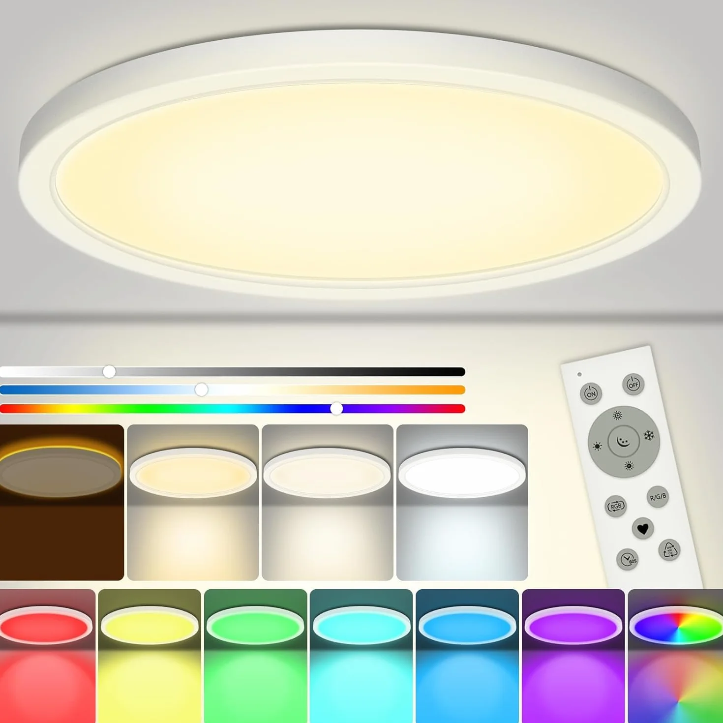 Ściemnialna lampa sufitowa LED, 25 W 3200 LM RGB z pilotem zdalnego sterowania, 1800 K ciepła lampka nocna, panel 3000 K-6500K ściemnialny IP54 wodoodporny do sypialni pokoju dziecięcego salonu