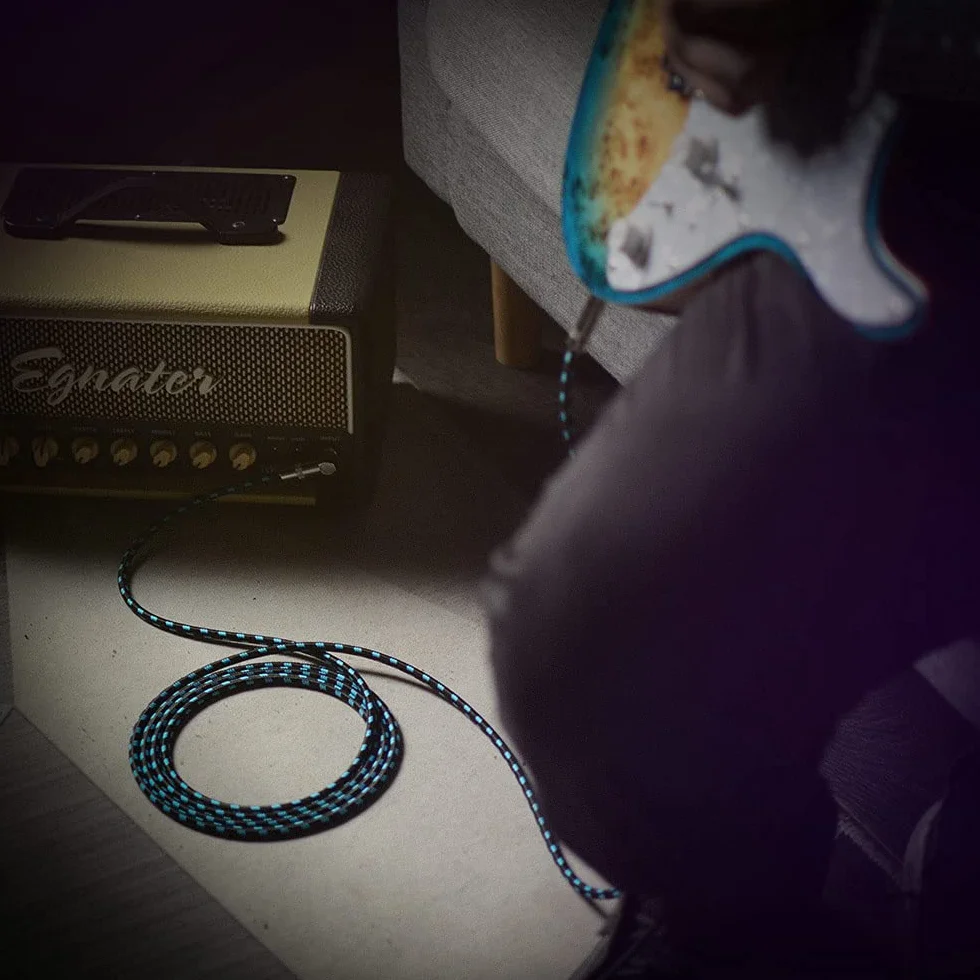 SONICAKE Pleciony kabel do gitary 3 m, kabel do instrumentów gitarowych, 6,35 mm, 1/4 cala, kąt prosty, czarny, niebieski