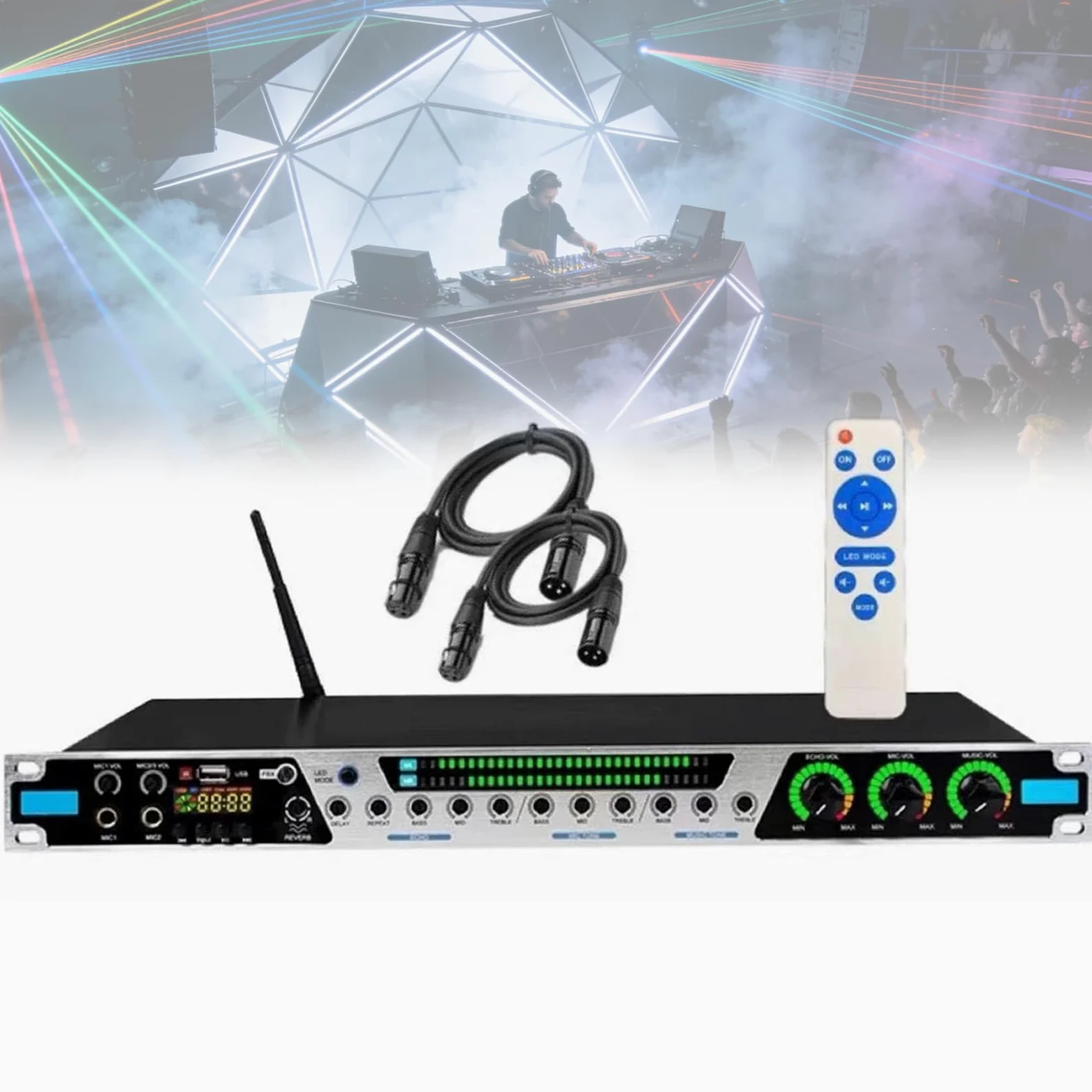 Efekt miksera karaoke, cyfrowy pogłos przedetapowy z wejściem Bluetooth/USB/światłowodowym/koncentrycznym, procesor dźwięku zapobiegający wyciu, 7 rytmów migania światła