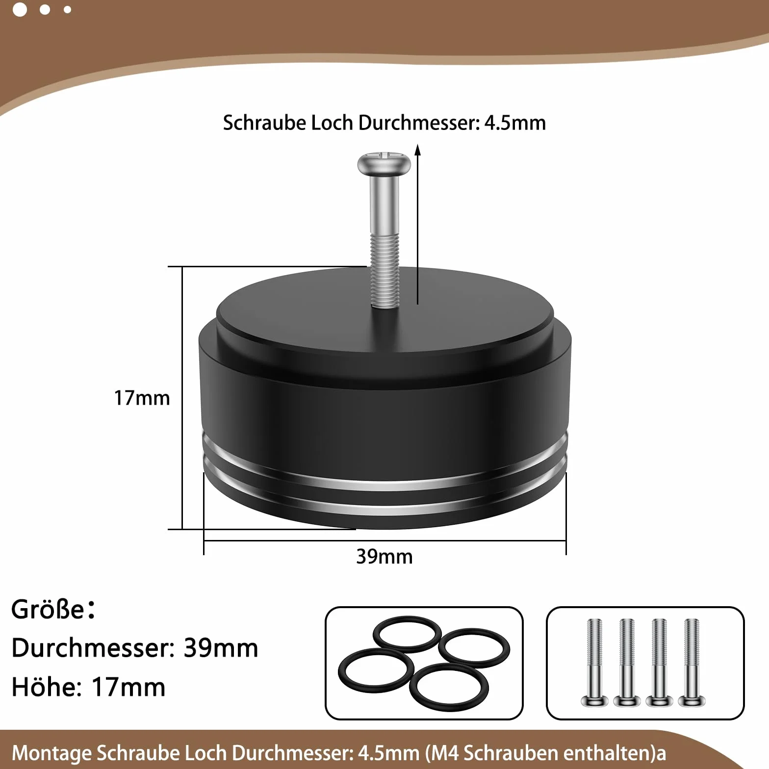 Tertullus 4 aluminiowe nóżki do urządzeń HiFi 39 mm × 17 mm czarne śruby głośnik, absorber subwoofer, nóżki z 4 śrubami do urządzeń Hi-Fi