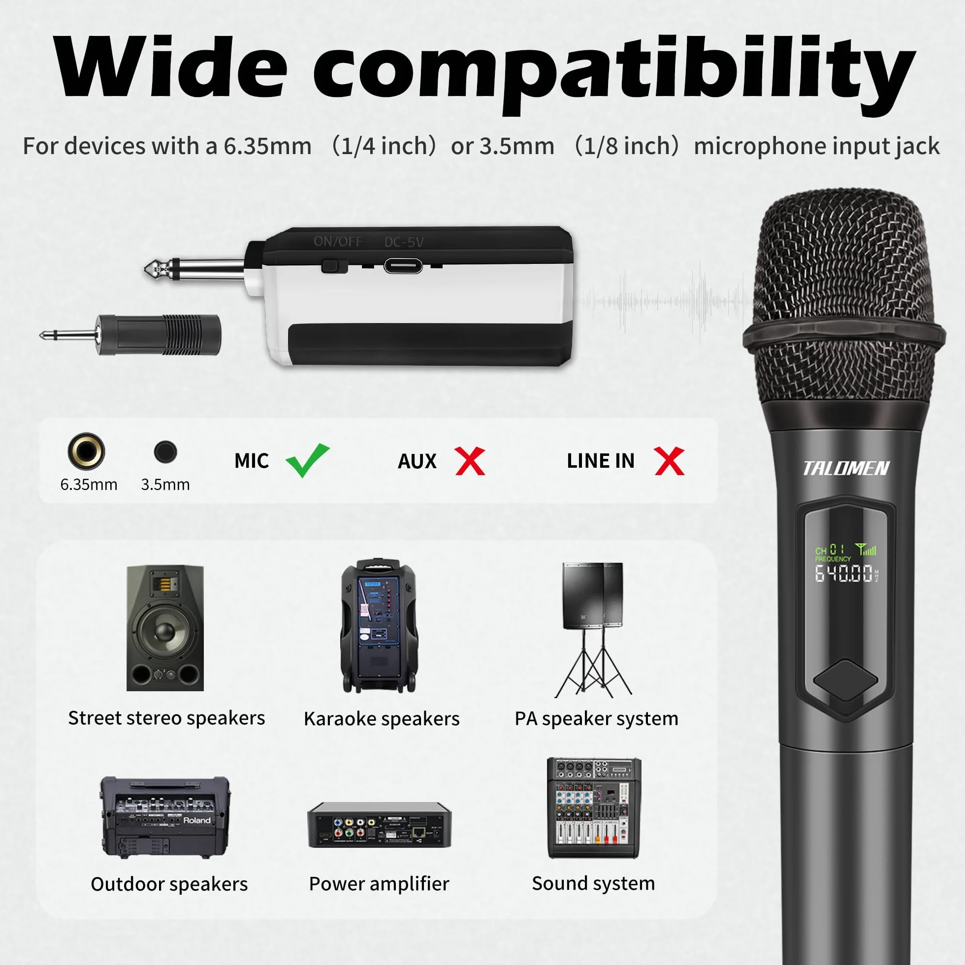Talomen Mikrofon bezprzewodowy 2,4 GHz dynamiczny system do karaoke K60-2 czarno-biały