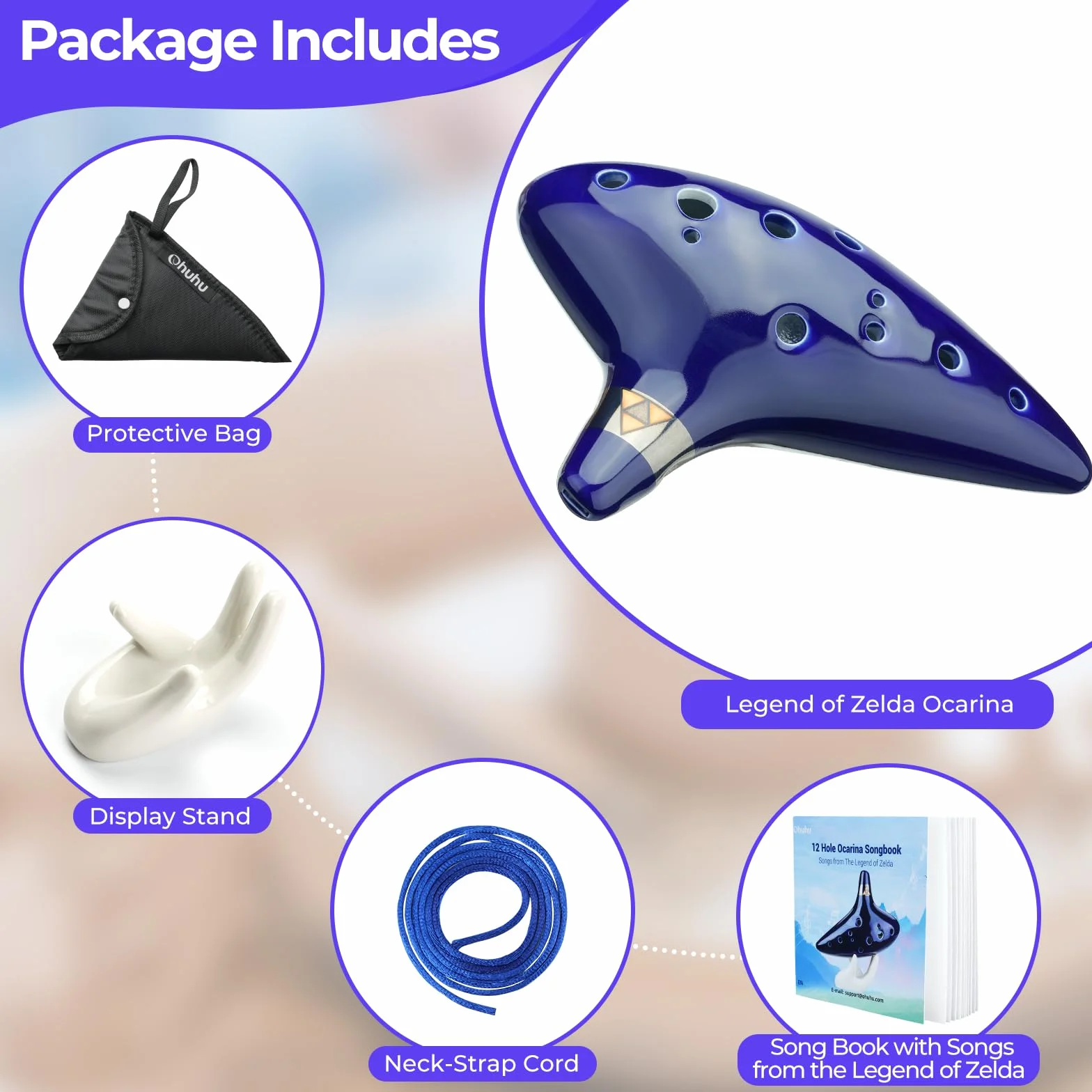 Ohuhu Ocarina 12 Ceramiczny otwór okaryna, Legenda o Zelda Alto C Zelda Ocarinas Instrument z Białym Uchwytem, Lina, Torba & Instrukcja Niebieski