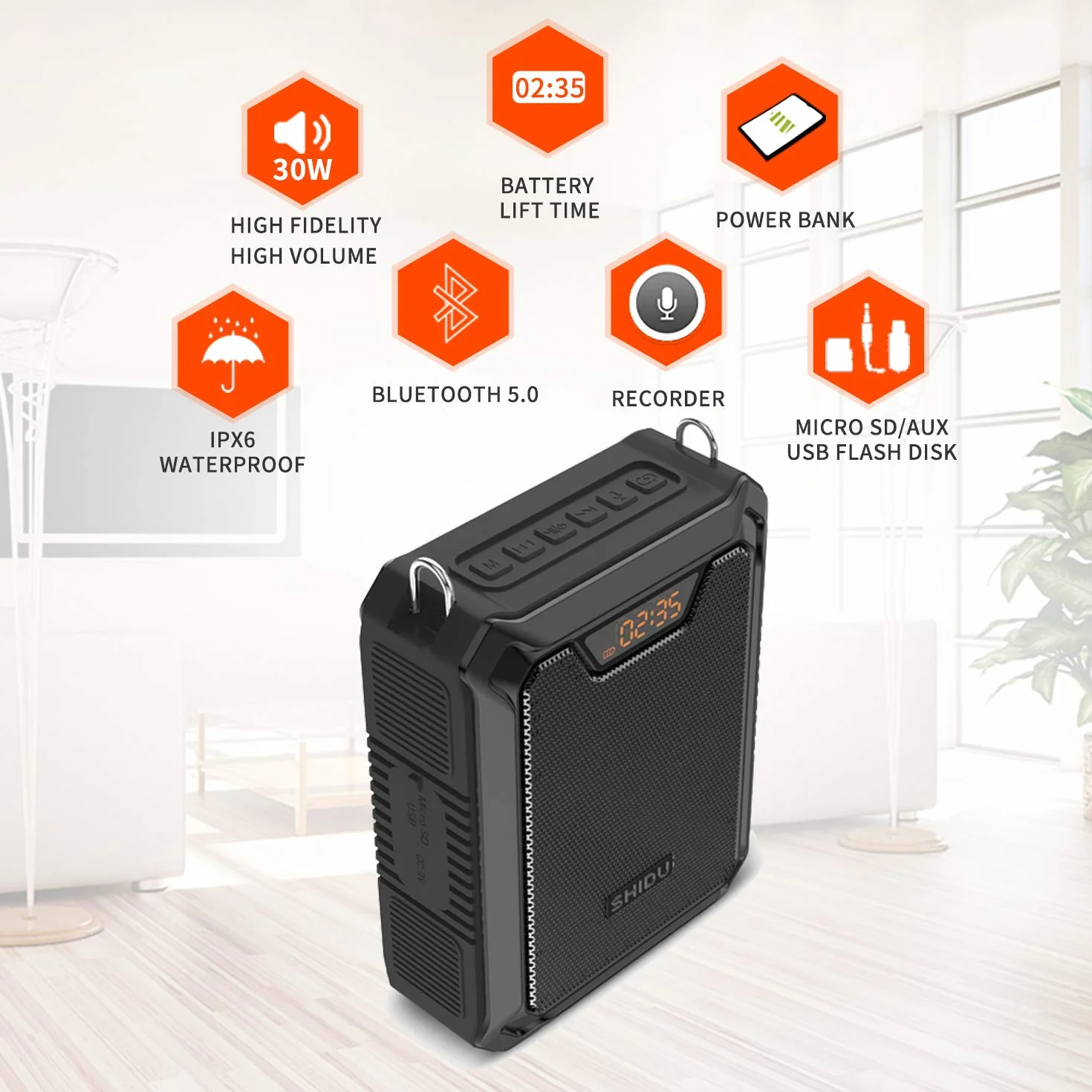 Wzmacniacz głosu, SHIDU 30W głośnik głosowy przenośny Bluetooth z bezprzewodowym mikrofonem UHF i przewodowym zestawem słuchawkowym IPX6 wodoodporny akumulatorowy system PA dla nauczycieli